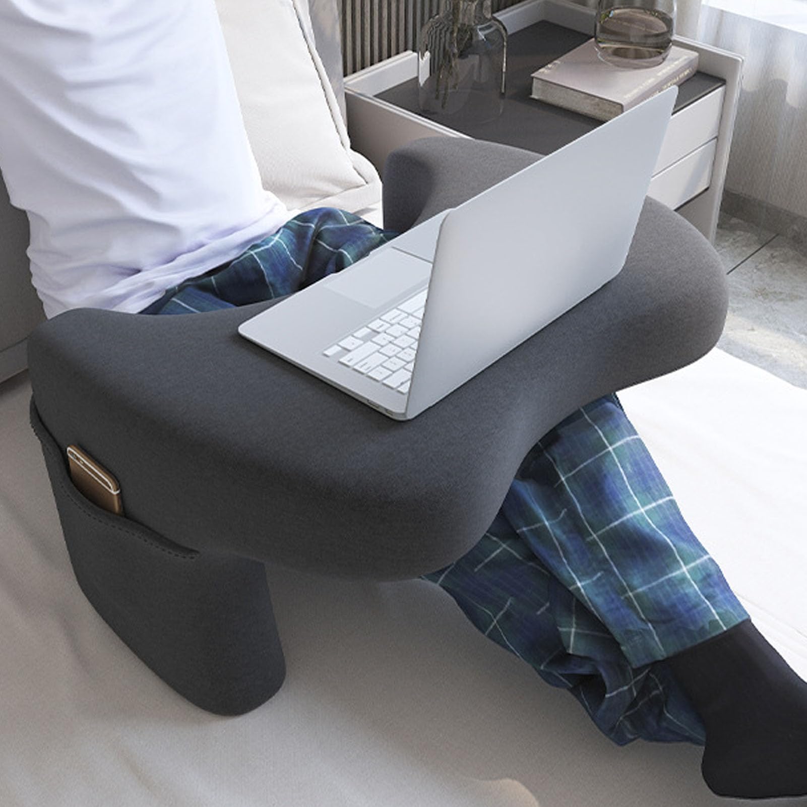 Memory Foam Laptop Lap Desk Pillow with Side Pockets - Portable Workstation for Gaming, Reading & Working - Soft Arm Rest Cushion for Bed, Couch & Floor Use (Home Office, Dorm Room, Travel)
