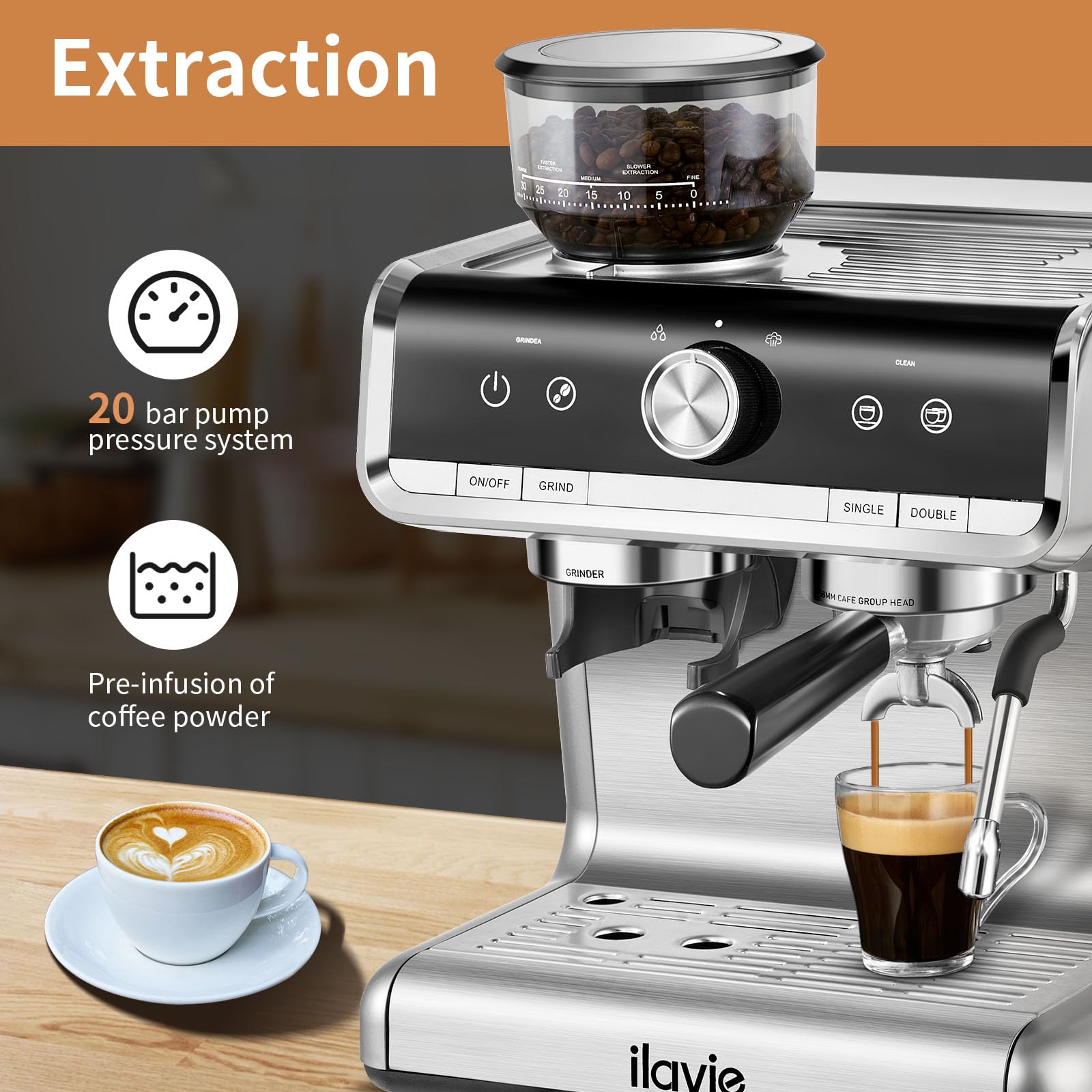 20 Bar Espresso Coffee Machine with Milk Frother - Professional Cappuccino & Latte Maker for Home & Office, 2.8L Removable Water Tank, Built-in Grinder - Perfect for Morning Brews, Afternoon Pick-Me-Ups & Entertaining Guests