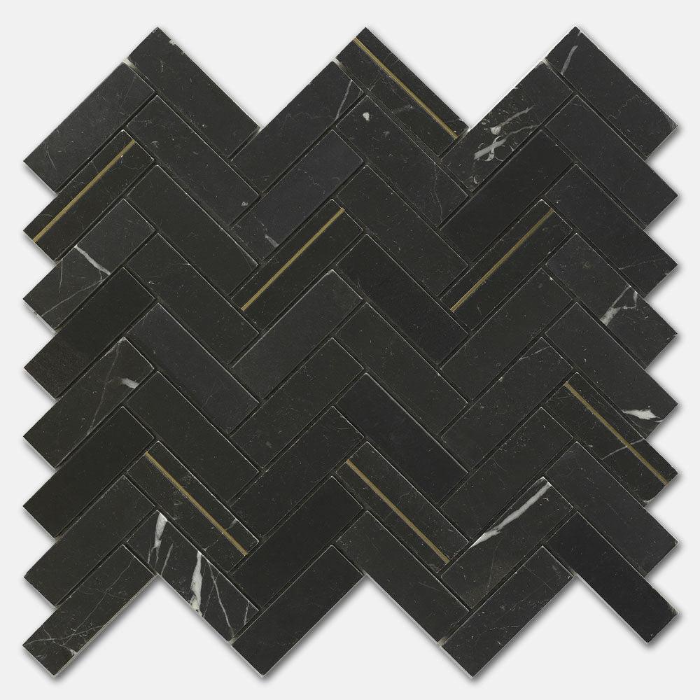 Premium Nero Marquina Honed Marble Mosaic Tiles - Herringbone Pattern - 12x12 Inch (Per Sheet) - Elegant Floor & Wall Tile for Bathroom, Kitchen Backsplash, and Shower Surround