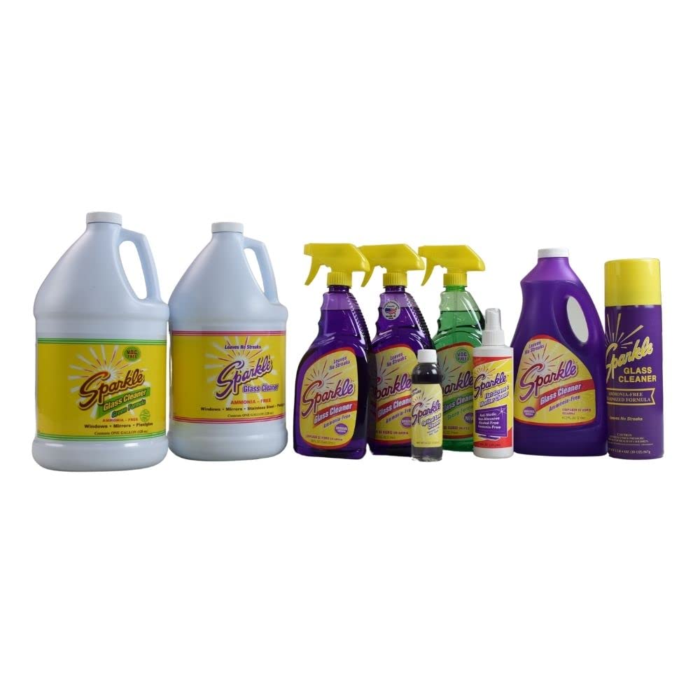 Ammonia-Free Sparkle Glass Cleaner Spray - Streak-Free Formula, 33.8oz Spray Bottle & 1 Gallon Refill (3-Pack) - Perfect for Windows, Mirrors, and Glass Surfaces at Home or Office