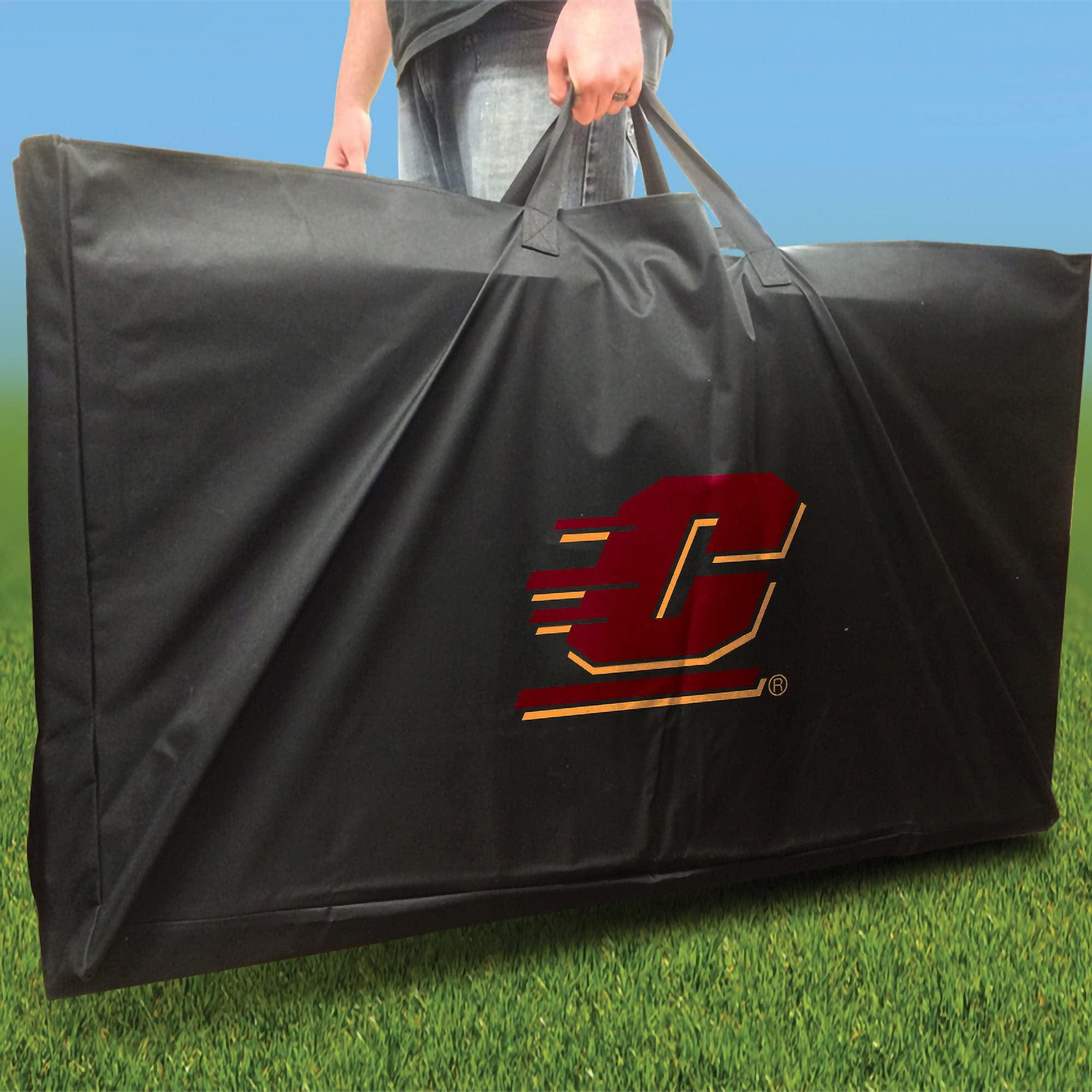 Custom Central Michigan Stained Striped Cornhole Game Set - 2 Premium Boards & 8 Team Logo Bean Bags - Outdoor Tailgating, Backyard Parties, College Game Day Events