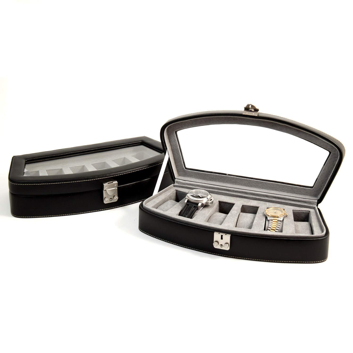 Premium Black Leather 6-Slot Watch Case with Glass Top Viewing Window & Secure Locking Clasp - Genuine Pigskin Leather Lined Interior for Luxury Watch Storage | Perfect for Travel, Home Display & Watch Collector Organization