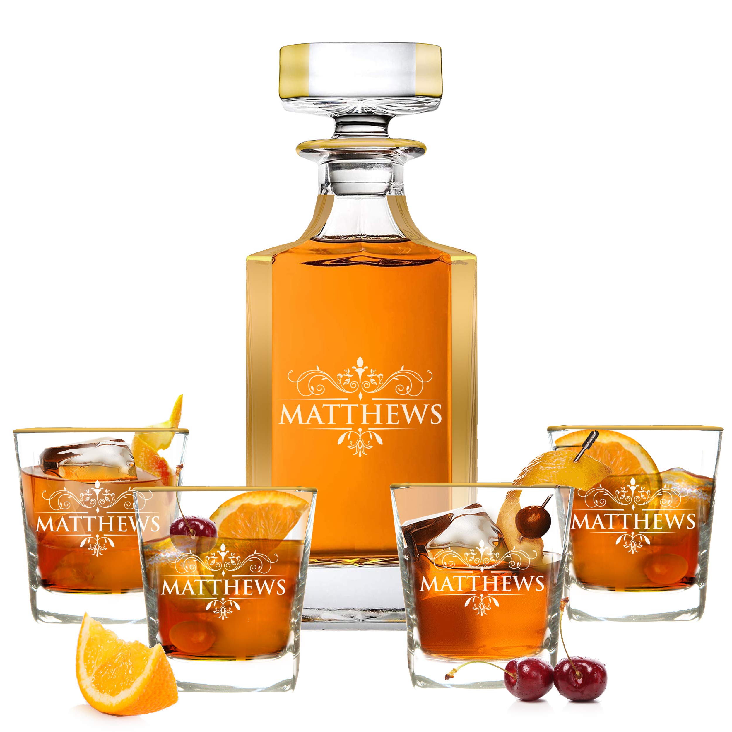 Personalized Whiskey Decanter Set with 2 Glasses - Custom Engraved Barware Gift with Gold Trim for Bourbon, Scotch & Liquor - Perfect for Weddings, Anniversaries & Home Entertaining