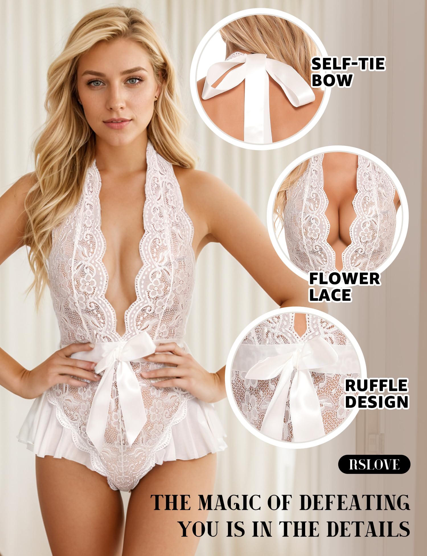 RSLOVE Sexy Lace Teddy Lingerie for Women - Deep V Neck Babydoll Bodysuit with G-String | Valentine's Day Gift, Honeymoon Nightwear, Boudoir Photoshoot