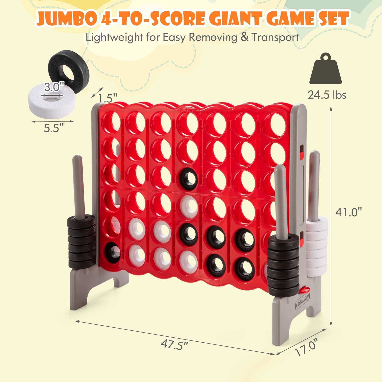 HONEY JOY Jumbo 4-to-Score Giant Game Set - Outdoor Yard Games for Family & Friends with 42 Jumbo Rings & Quick-Release Slider - 3.5FT Tall Giant 4-in-A-Row Connect Game for Kids, Adults, Backyard, Picnic & Party Fun