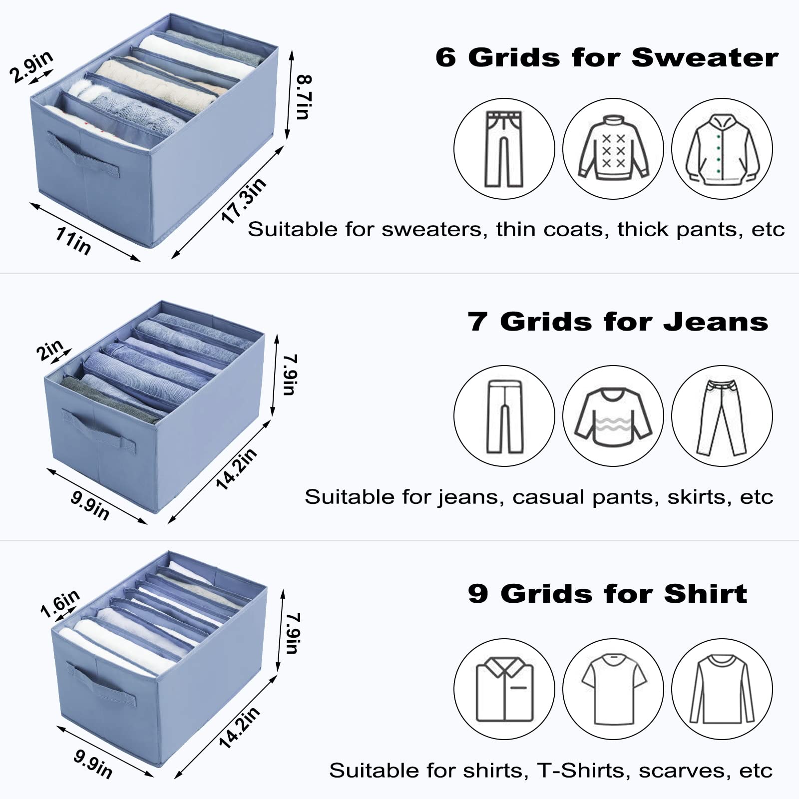 Evankin 6-Grid Fabric Closet Organizer Bins - Foldable Drawer Storage for Sweaters, Jeans, Shirts & Underwear | Space-Saving Wardrobe & Dresser Solution for Bedroom & Closet Organization