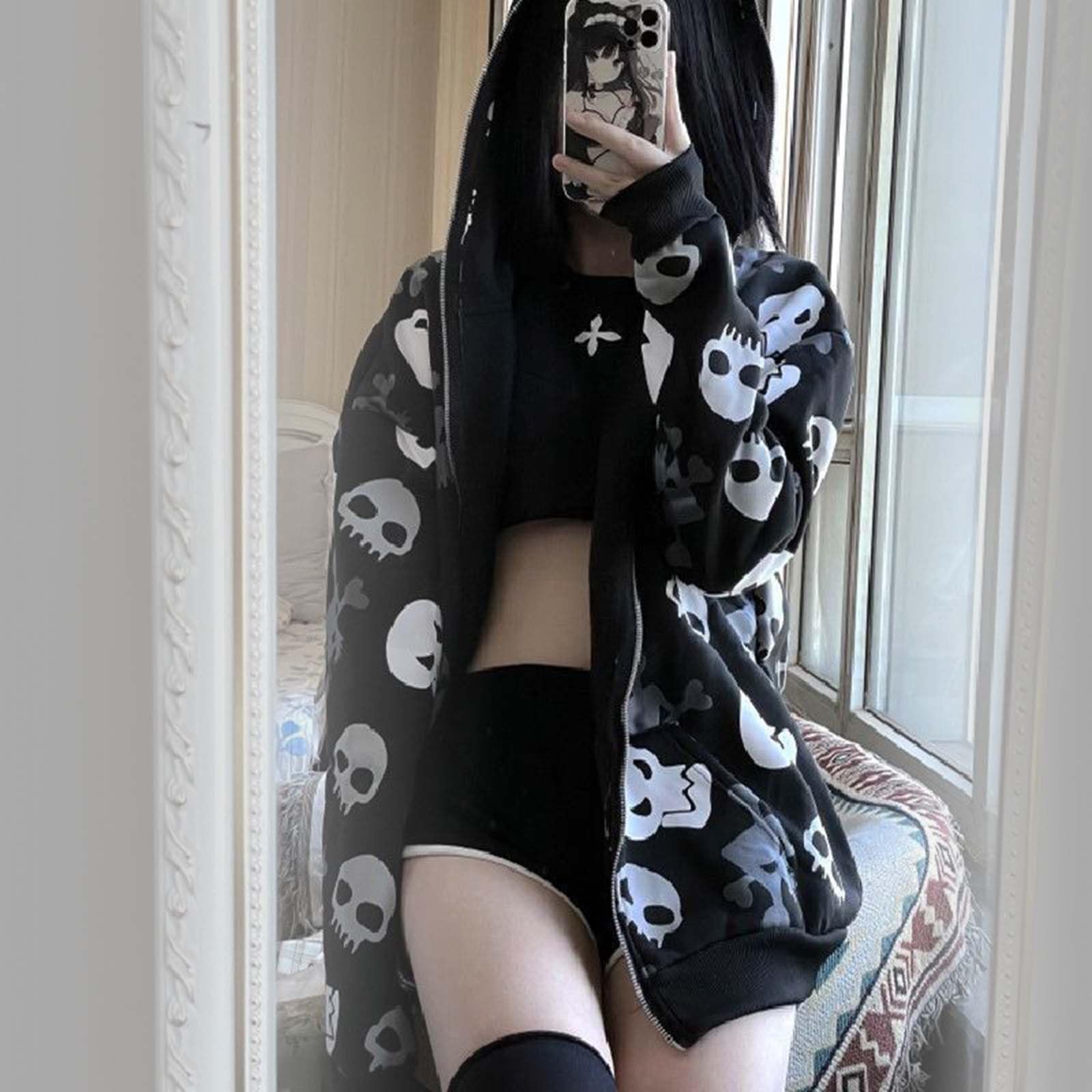Gothic Women's Zip Up Hooded Sweatshirt - Y2K Skull Print Cardigan | Harajuku Loose Fit Jacket for Streetwear & Casual Outfits