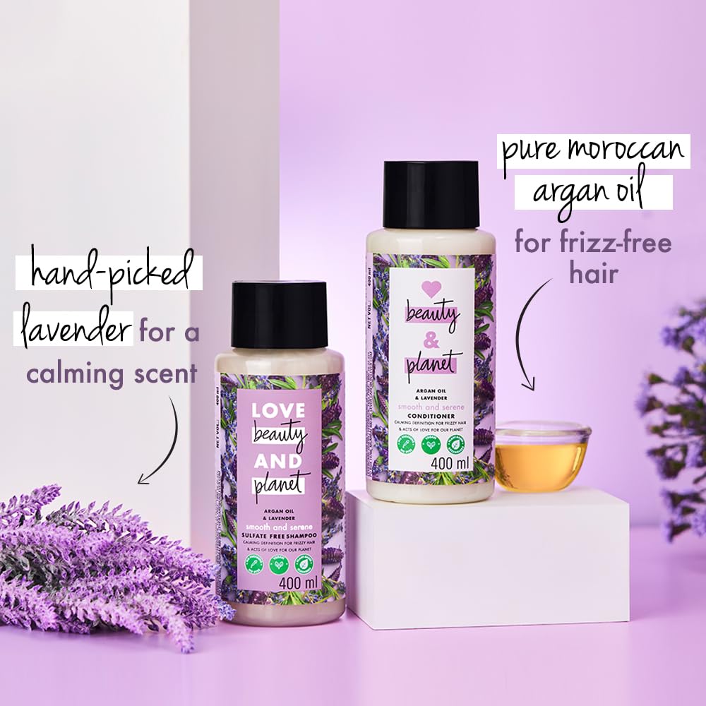 Love Beauty & Planet Argan Oil & Lavender Sulfate-Free Shampoo for Smooth Hair - Paraben & Dye Free, 200ml - Hydrating & Calming for Dry, Frizzy Hair - Perfect for Daily Use & Relaxing Showers