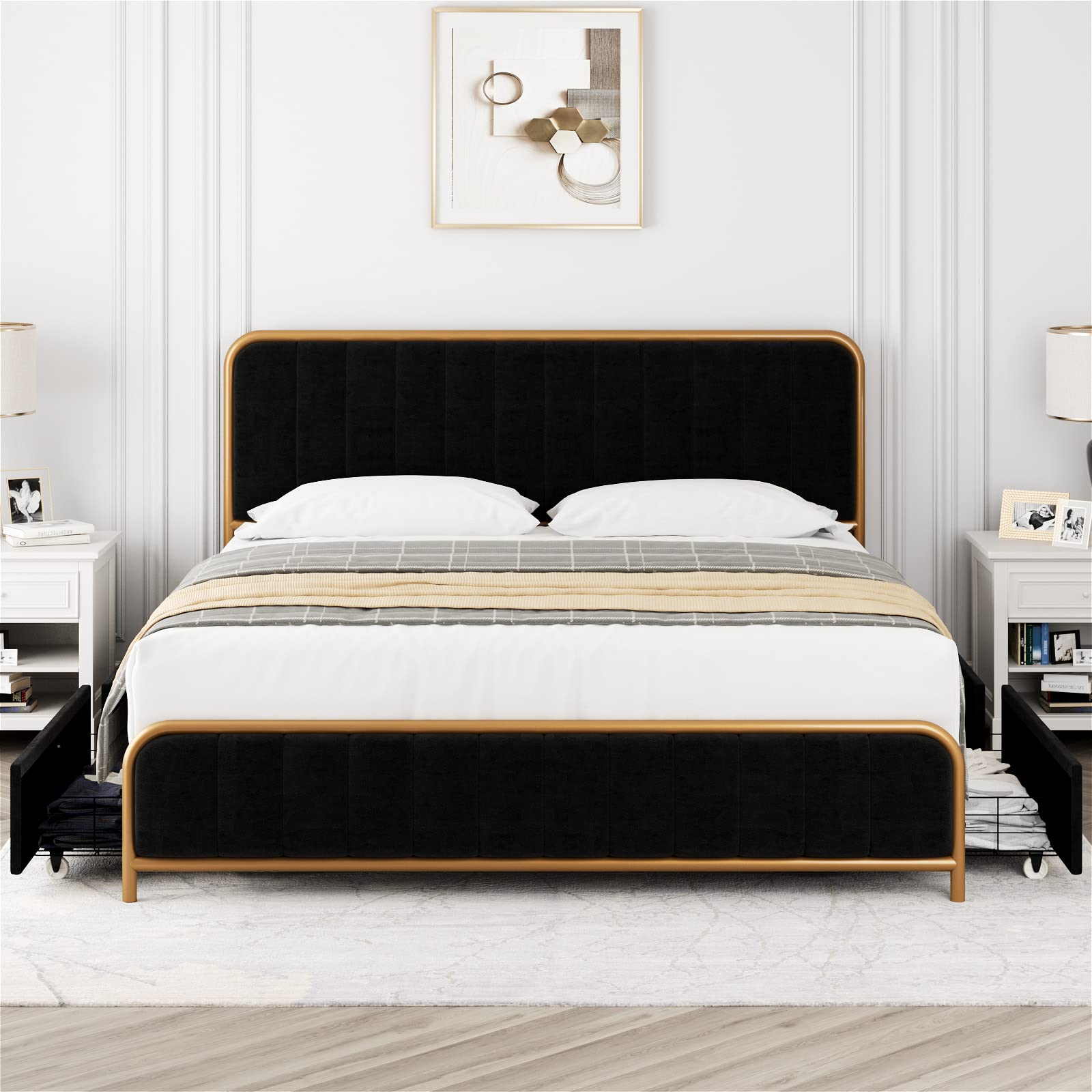 HITHOS Full Size Bed Frame with Storage Drawers & Headboard - Heavy Duty Metal Foundation for Bedroom (Golden/Black)