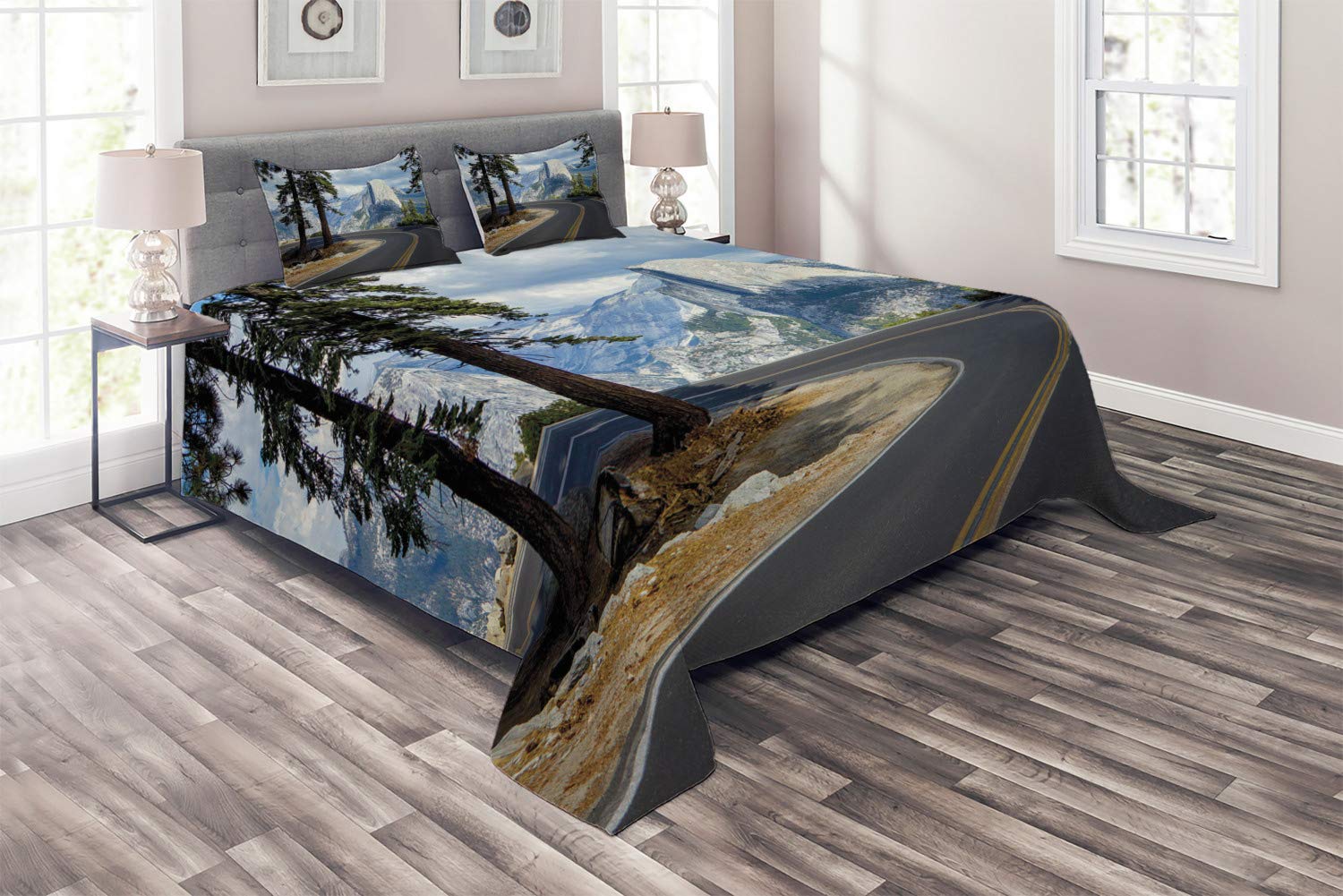 Ambesonne Yosemite 3-Piece Quilted Bedspread Set - King Size Green Landscape Bedding with El Capitan Mountain Design & 2 Pillow Shams | Nature-Themed Bedroom Decor for Cozy Cabin Retreats