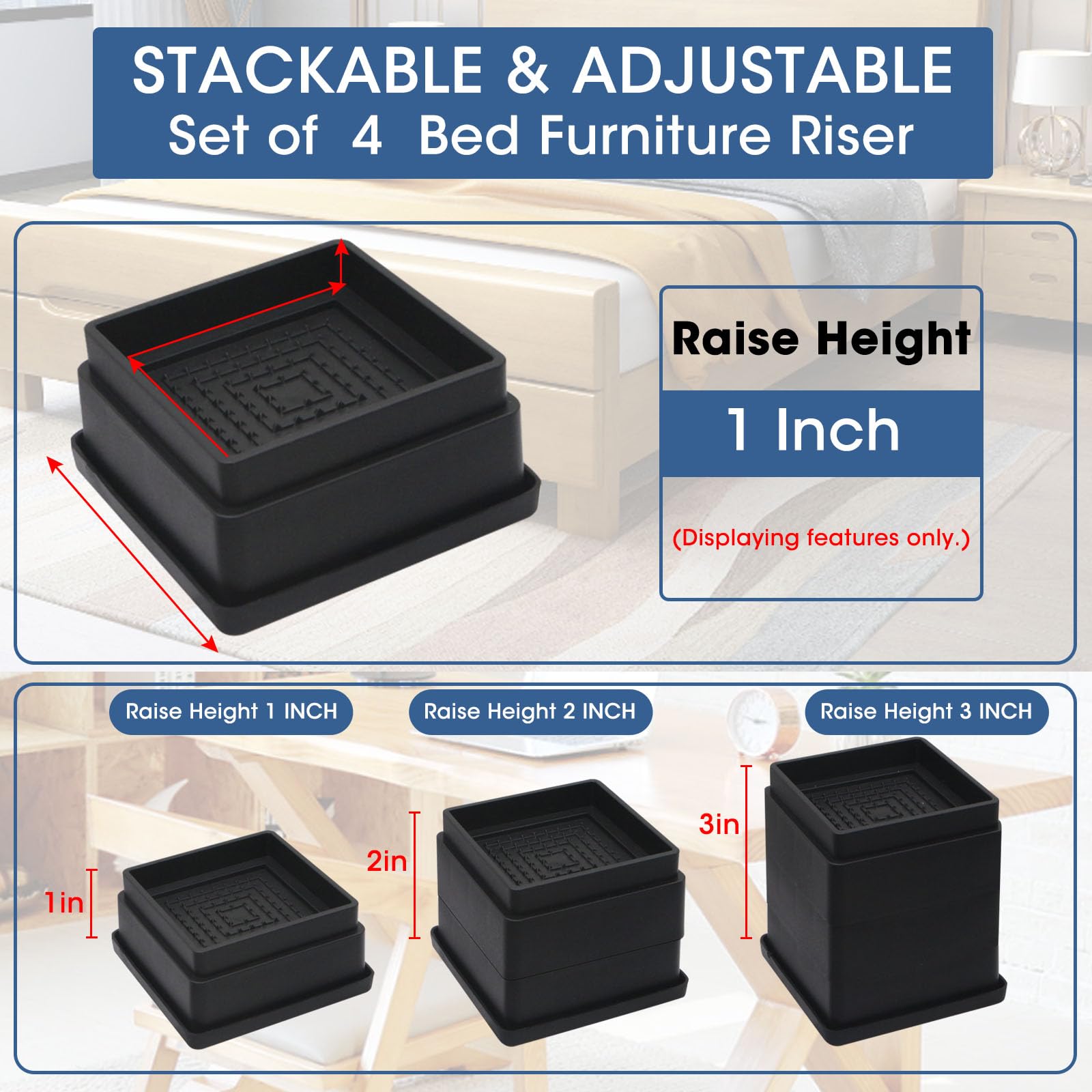 1 Inch Heavy Duty Bed Risers - Set of 4 Adjustable Furniture Risers with Non-Slip Rubber Pads for Sofa, Bed, Table & Chair - Perfect for Dorm Rooms, Small Apartments & Home Organization