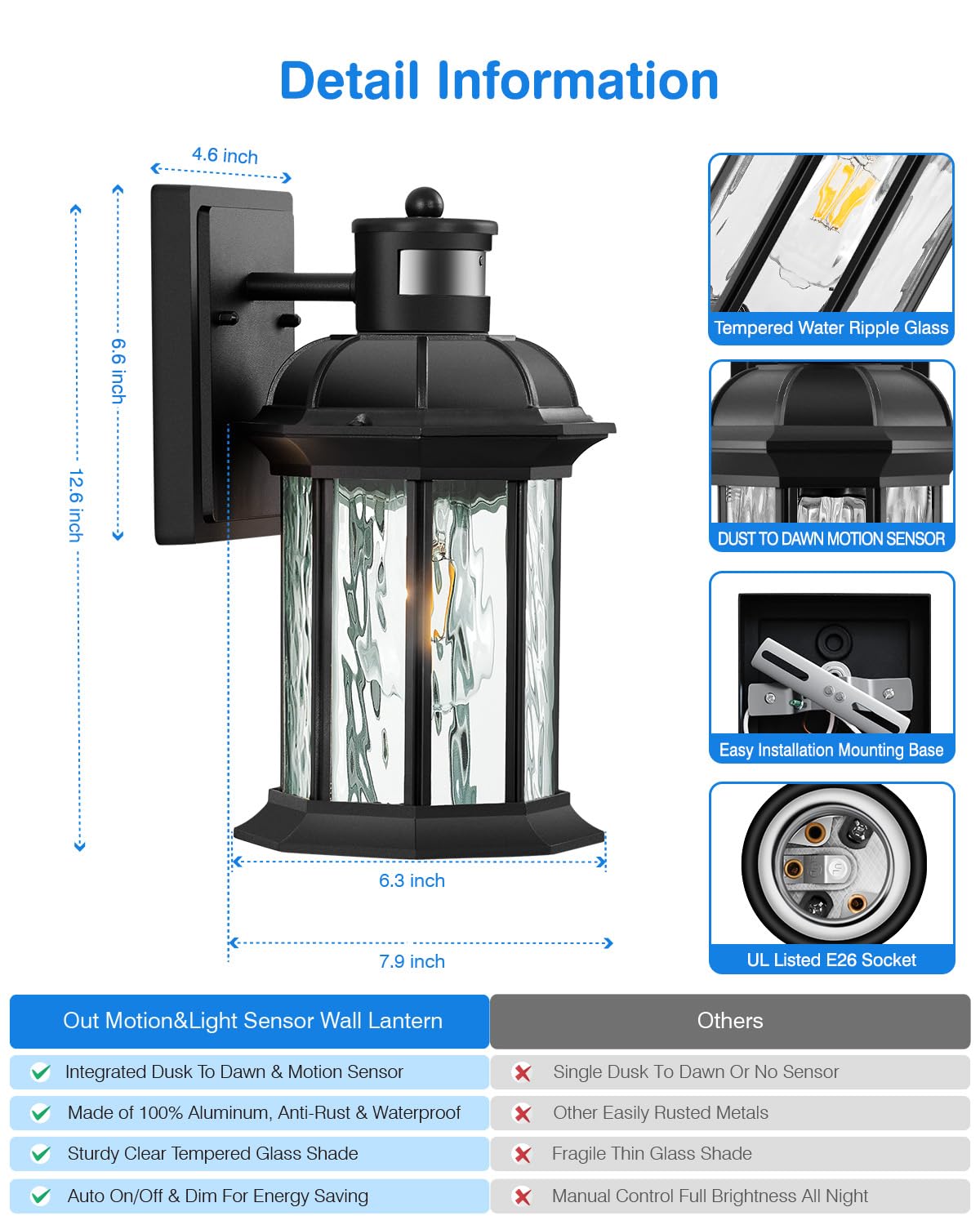 VIANIS Dusk to Dawn Motion Sensor Outdoor Porch Light - Modern Black Waterproof Wall Mount Exterior Light Fixture with Anti-Rust Aluminum & Tempered Ripple Glass - Perfect for Garage, Entryway, Patio, and Backyard Security Lighting