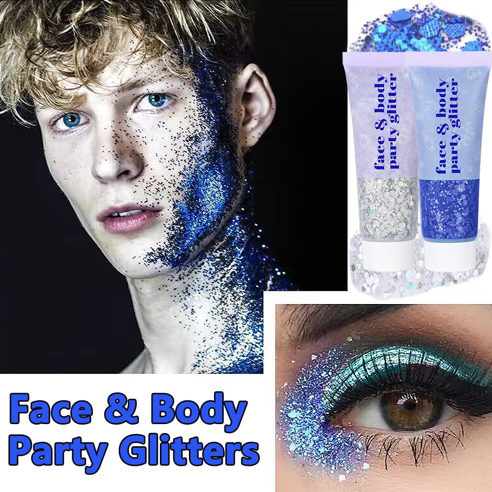 **Shimmering Body Glitter Gel for Face & Body - Holographic Sparkle Makeup for Concerts, Festivals & Halloween - Long-Lasting Chunky Sequins Glitter for Eyes, Lips, Hair & Nails - Perfect for Rave, Cosplay & Party Accessories**