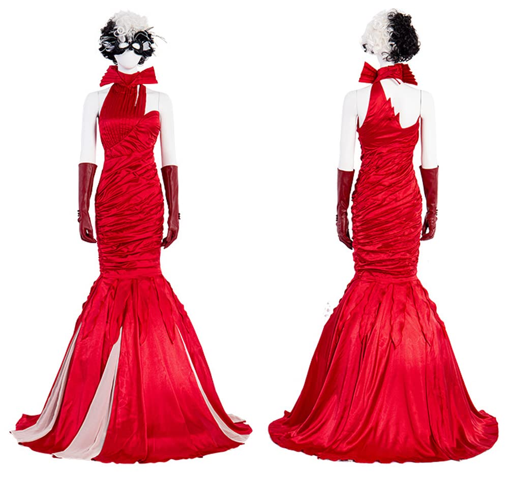 **Women's Cruella De Vil Costume - Red Dress Cosplay Outfit with Mask for Halloween, Cosplay Parties & Themed Events**