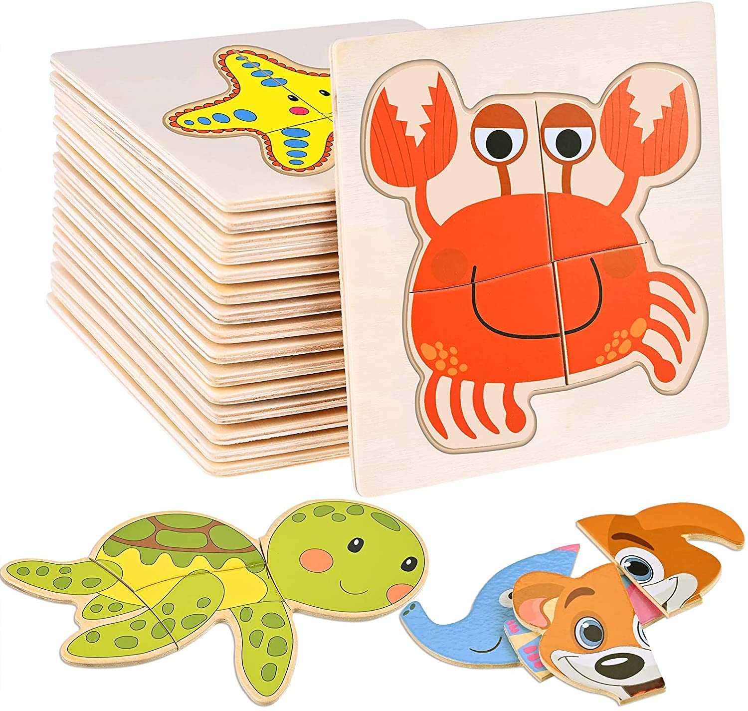 Authfort 6-Piece Wooden Jigsaw Puzzle Set - Montessori Educational Animal Puzzles for Toddlers Ages 2-5 | Colorful Learning Toys for Kids | Perfect for Preschool Activities, Birthday Gifts & Early Childhood Development