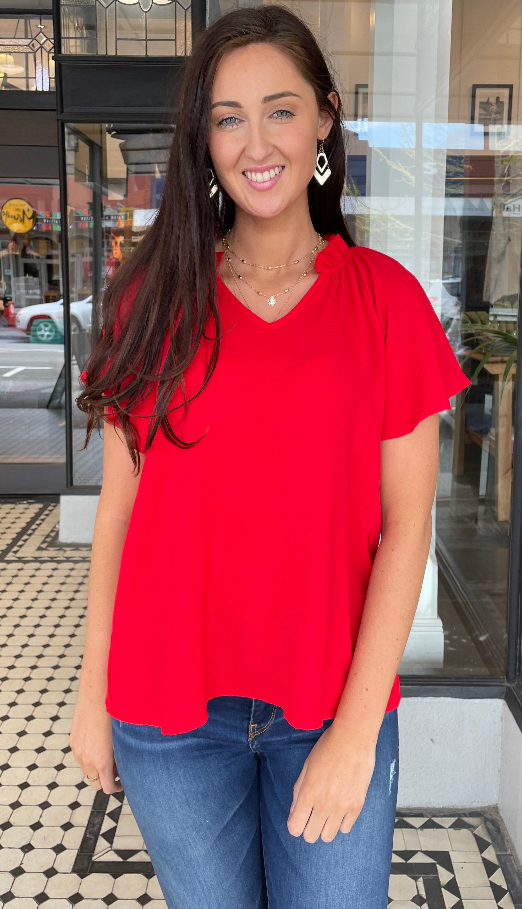 Lisa Women's V Neck Flutter Sleeve Blouse - Elegant Red Tops for Casual Wear & Office Outfits | Perfect for Date Night & Summer Fashion