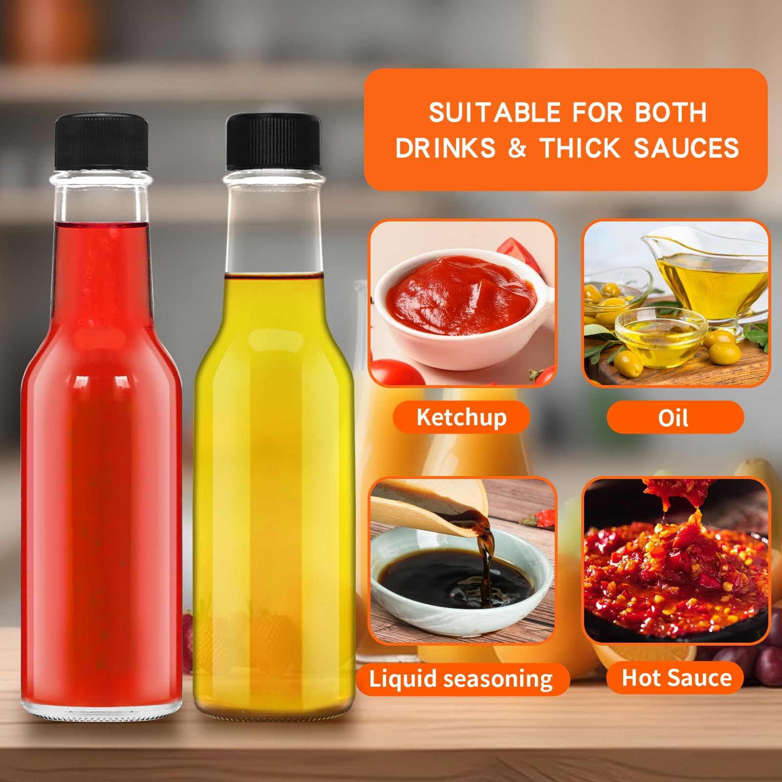 5oz Clear Glass Woozy Bottles with Black Shrink Capsules - Empty Small Beverage Canning Jars for Homemade Syrups, Cocktails & Party Drinks (Pack of 6) - Perfect for DIY Kitchen Projects, Home Brewing & Entertaining