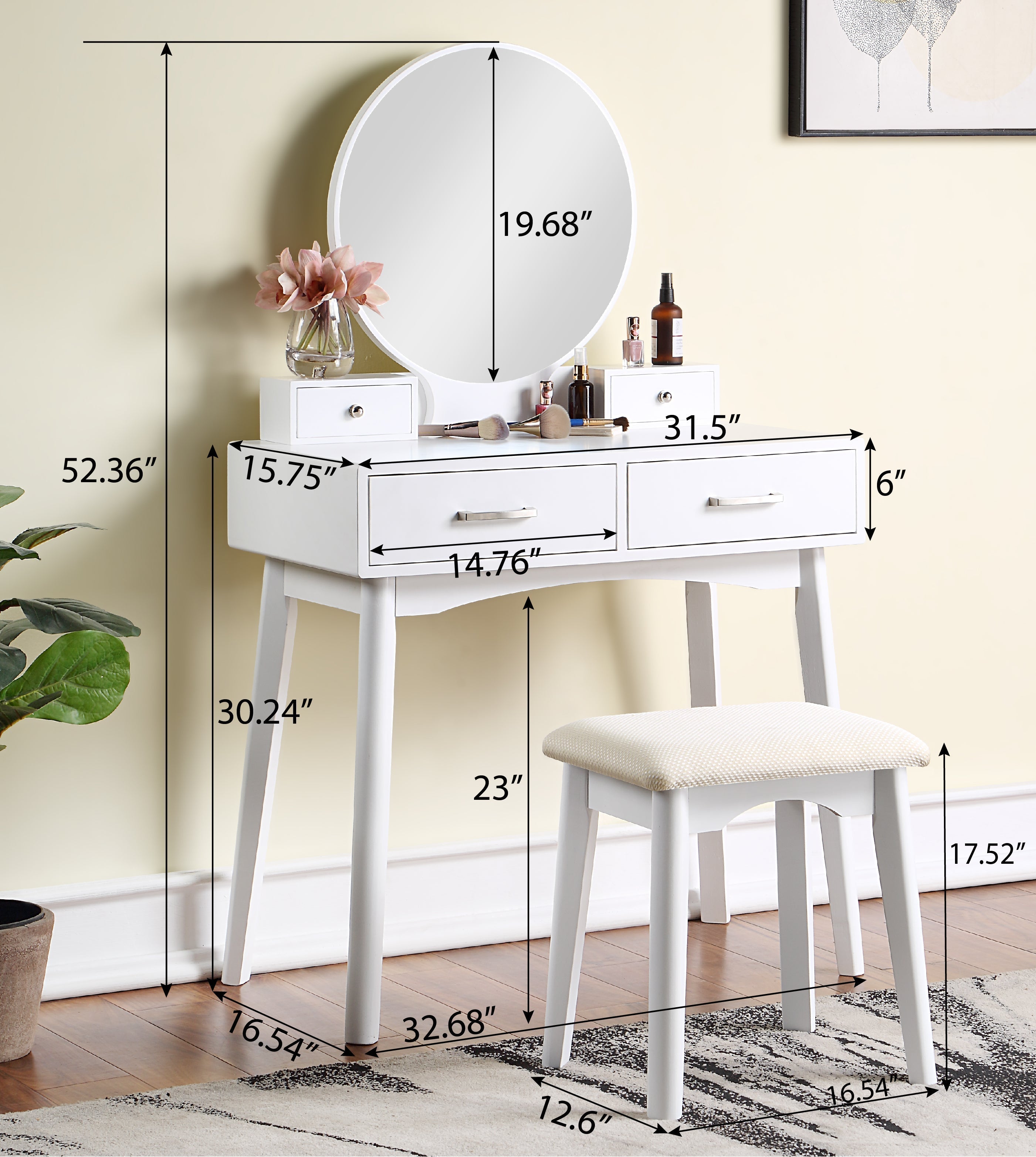 Roundhill Furniture Liannon Contemporary Wood Vanity Set with Stool - Modern Bathroom Vanity with Storage for Makeup & Jewelry Organization - Perfect for Bedroom, Bathroom or Dressing Room