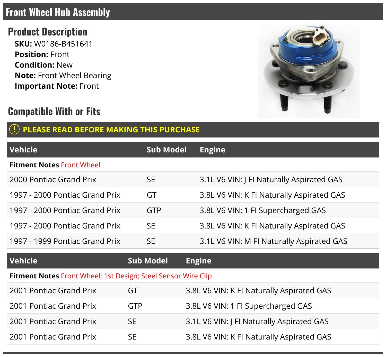 High-Quality Front Wheel Bearing Hub Assembly for 1997-2001 Pontiac Grand Prix - Durable Replacement Part for Smooth & Safe Driving