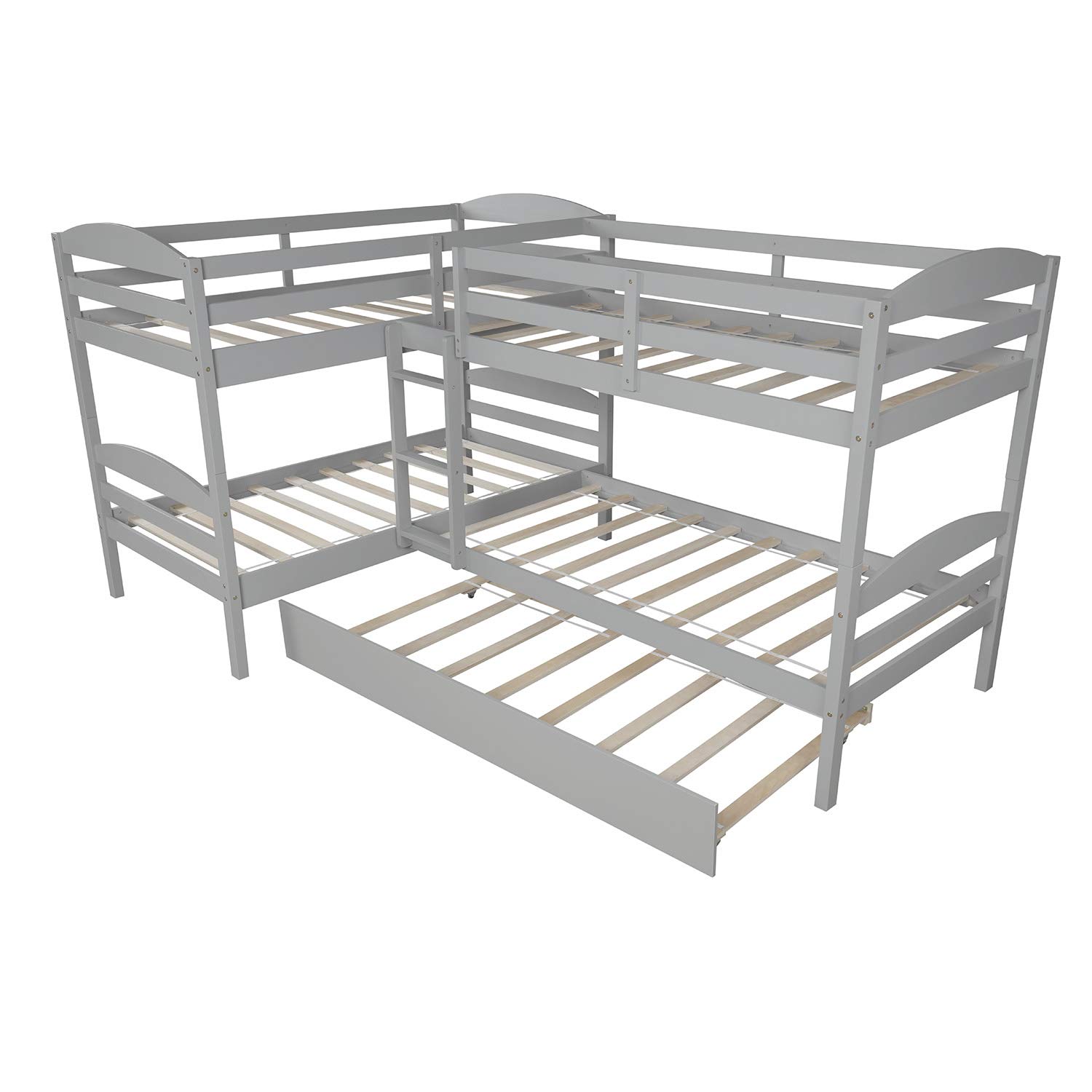 **Danxee Twin L-Shaped Corner Bunk Bed & Loft Bed with Trundle – Solid Wood Twin Bunk Bed with Guardrail – 5-in-1 Space-Saving Kids Bedroom Furniture (Gray) – Perfect for Small Rooms, Shared Kids' Bedrooms & Guest Rooms**