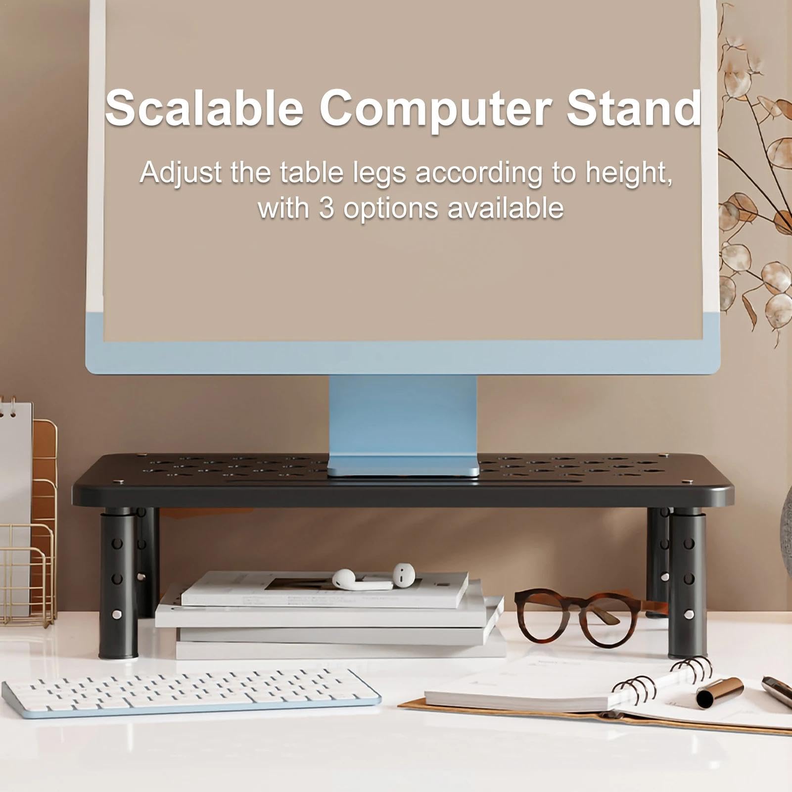 Adjustable Metal Monitor Stand with Laptop Riser - Ergonomic Computer Desk Organizer for Home & Office Workspace | Space-Saving Design for Monitors, Laptops & Accessories