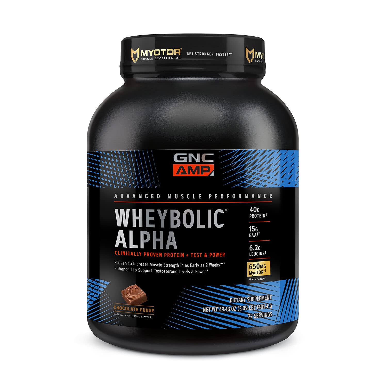 GNC AMP Wheybolic Alpha with MyoTOR Protein Powder - 40g Protein per Serving, BCAA for Muscle Growth & Recovery, Supports Testosterone - Chocolate Fudge (22 Servings) | Ideal for Post-Workout, Muscle Building & Fitness Enthusiasts