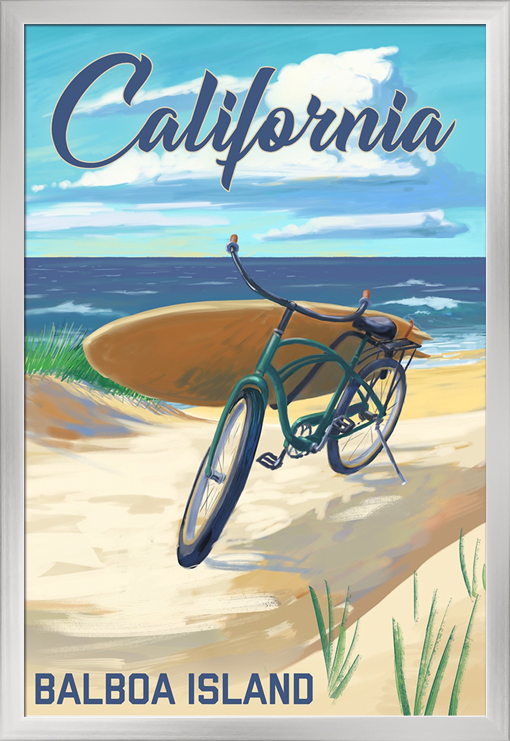 Balboa Island California Beach Cruiser Bicycle Art Print - 24x36 Giclee Gallery Framed in Silver Wood - Coastal Wall Decor for Living Room, Bedroom & Office