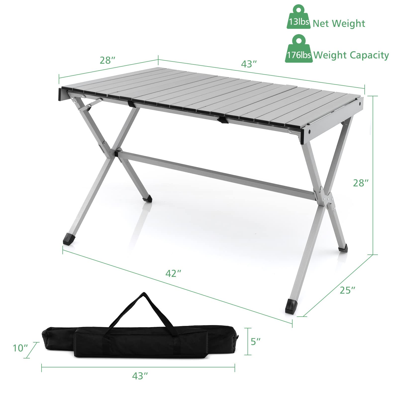 Giantex Folding Camping Table for 6-8 People, Portable Roll Up Picnic Table with Carry Bag - Lightweight Aluminum Outdoor Dining Table for BBQ, Grill, Travel, Beach, Backyard (110cm) - Perfect for Camping Trips, Tailgating & Outdoor Parties