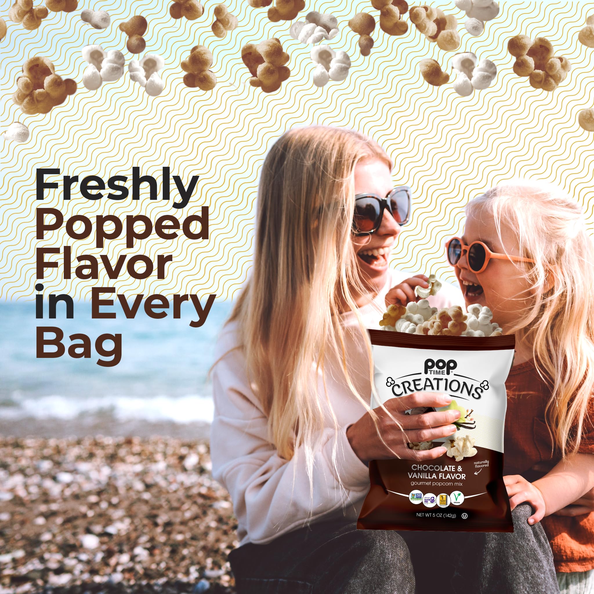 Poptime Creations Chocolate & Vanilla Flavored Popcorn - 6 Pack (5 Oz Bags) | Non-GMO, Gluten-Free, Vegan, Kosher Snacks | Whole Grain Healthy Treat for Movie Nights, Parties & Gifts