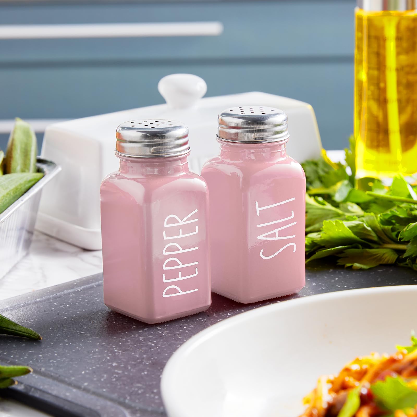 Pink Himalayan Salt and Pepper Shakers Set - Elegant Glass Kitchen Decor for Dining Table, RV Camping & BBQ Accessories - Perfect for Home, Travel and Outdoor Cooking