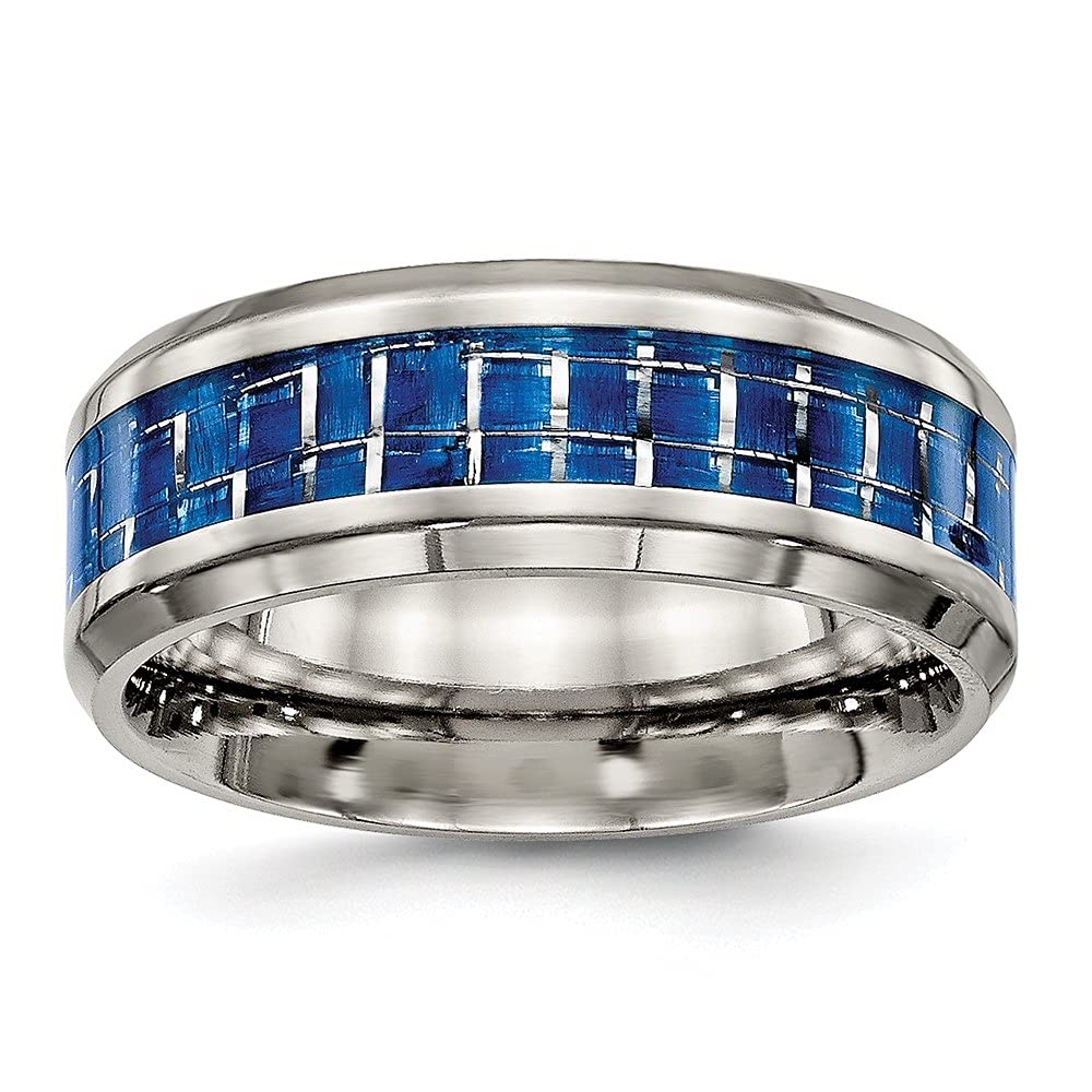 Diamond2Deal 8mm Titanium Wedding Band - Polished Blue & White Carbon Fiber Inlay Ring for Men, Durable & Lightweight Comfort Fit Jewelry - Perfect for Engagement, Anniversary, and Everyday Wear