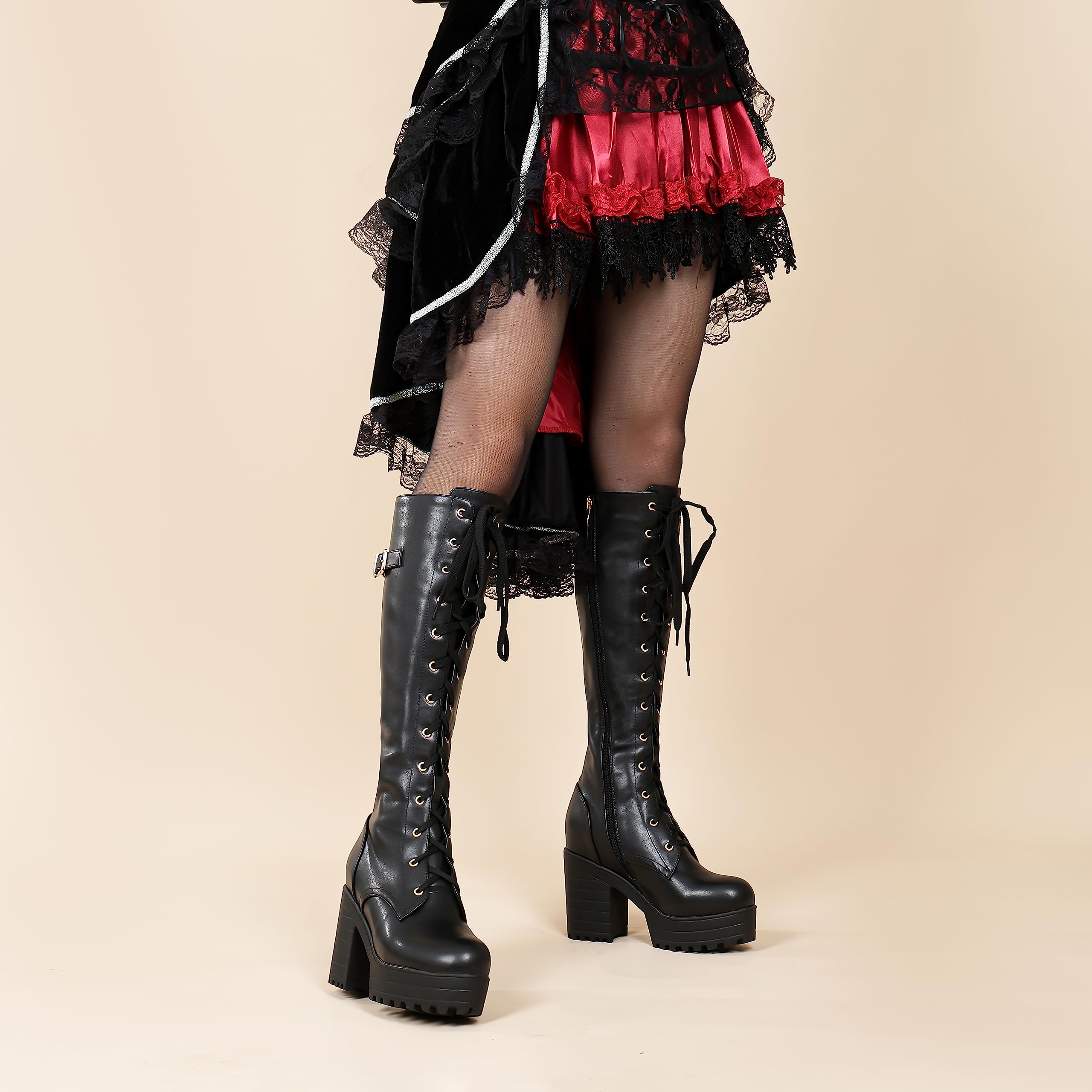 Women's Fashion Knee High Boots with Platform Block Heels - Lace Up Design for Stylish Outfits | Perfect for Fall/Winter, Office Wear & Night Out