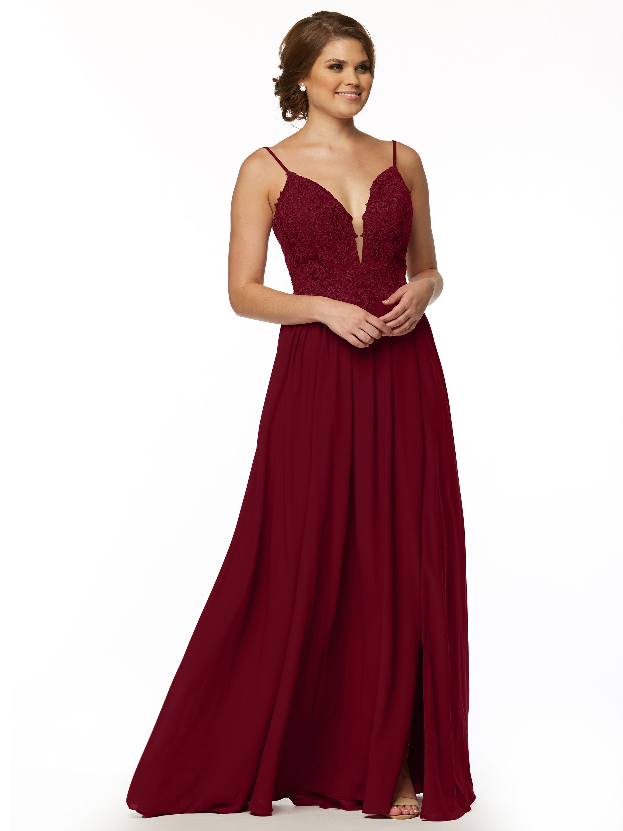 Elegant A-Line Stretch Chiffon Bridesmaid Dress with Lace Bodice & High Slit - Perfect for Weddings, Proms & Formal Events