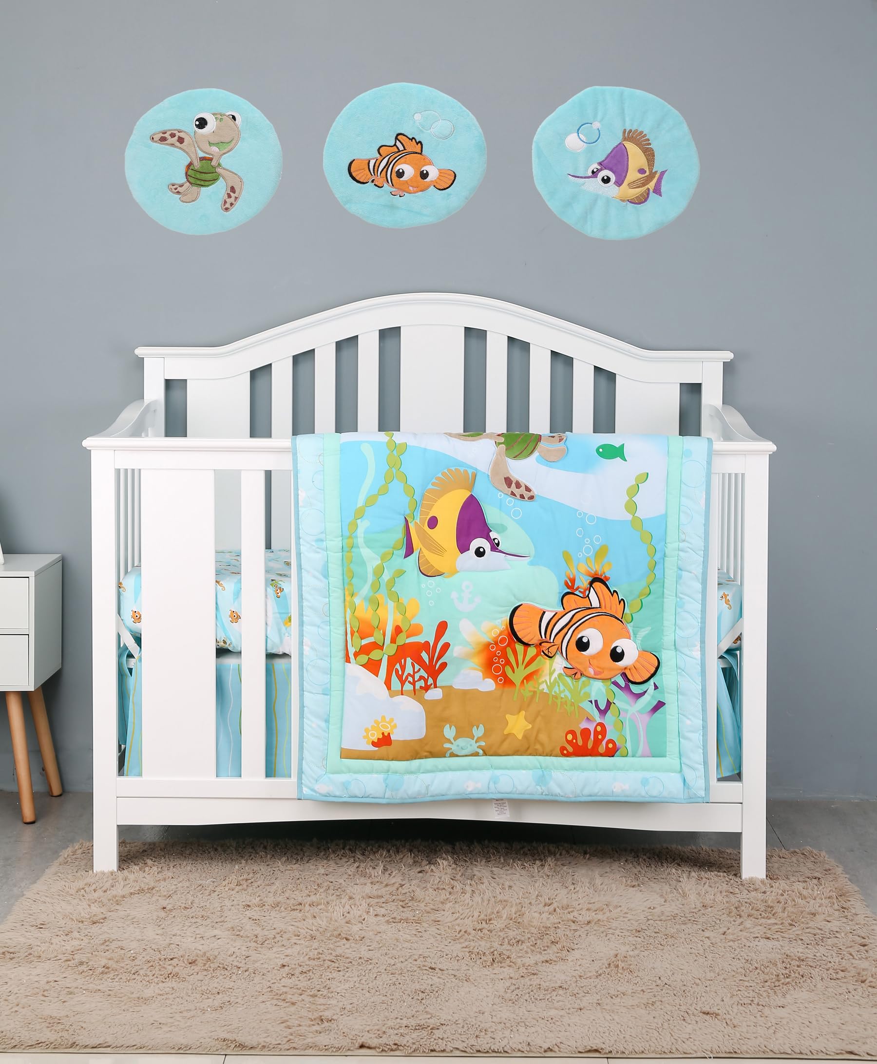 6-Piece Blue Ocean Theme Baby Boy Nursery Crib Bedding Set with Turtle & Clown Fish Embroidery - Includes Quilt, Fitted Sheet, Skirt & 3 Canvas Wall Decor (Blue, Brown, Green, Orange, 28x52 Inches) - Perfect for Coastal Nursery, Underwater Theme Bedroom & Newborn Gift