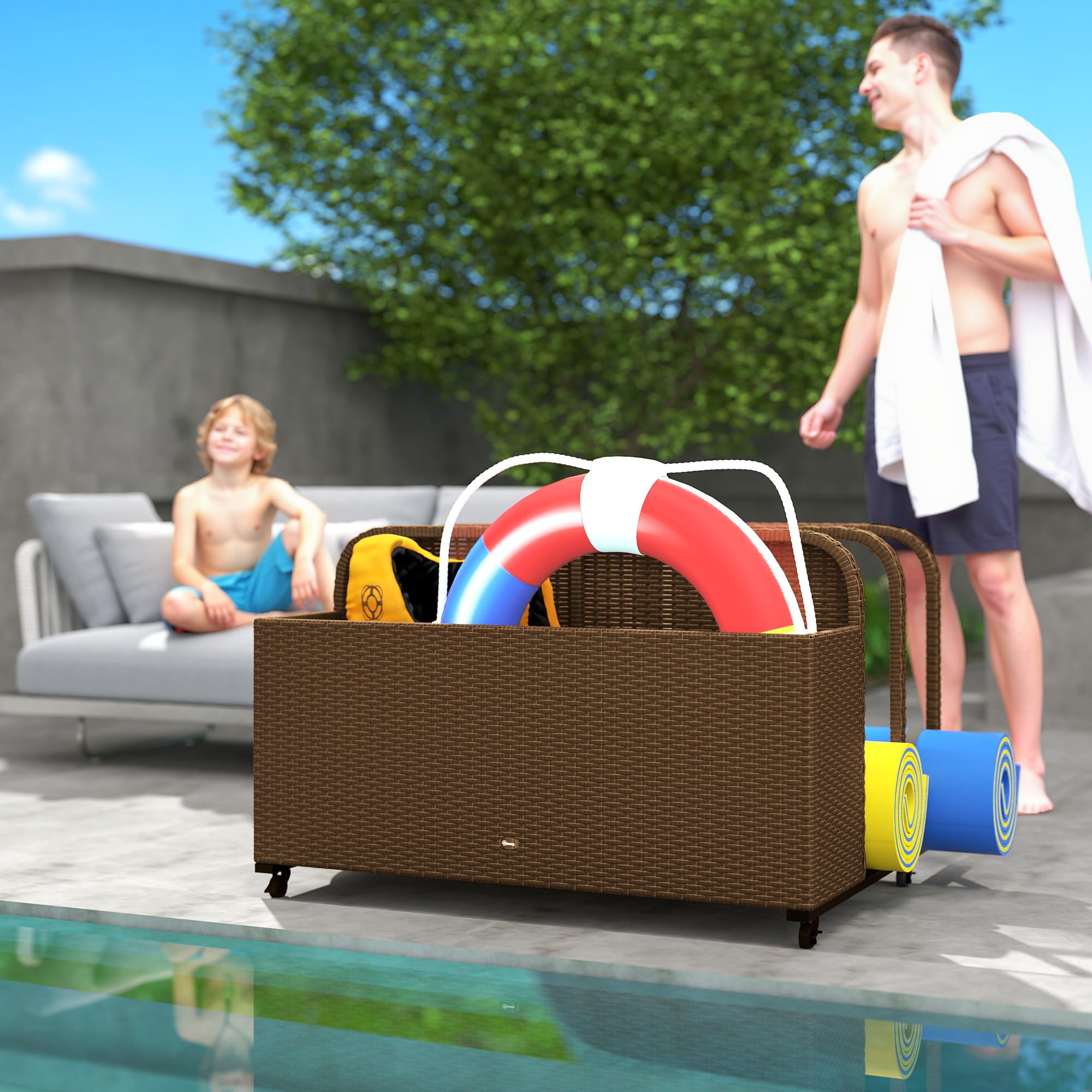 Outsunny Brown PE Rattan Pool Float Storage Basket with Wheels - Outdoor Wicker Caddy Organizer for Pool Toys, Floaties, Noodles, Beach Balls & Life Vests - Perfect for Backyard, Poolside & Beach Storage