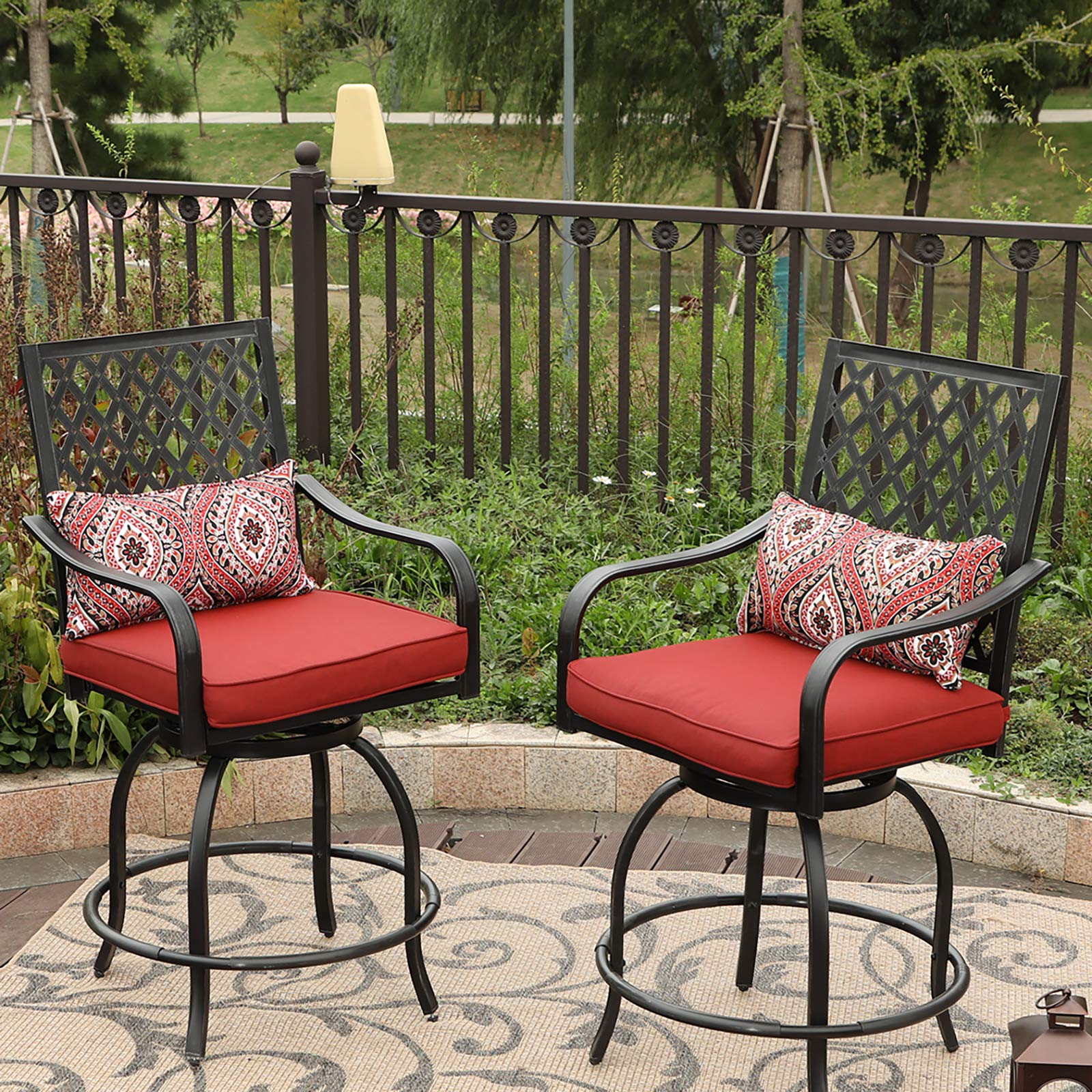 PHI VILLA 2-Piece Swivel Bar Stool Set - Outdoor Bar Height Bistro Chairs with Armrests & Cushions - All-Weather Metal Patio Furniture for Garden, Backyard, Lawn - Perfect for Poolside, Deck, or Outdoor Dining Areas - Red