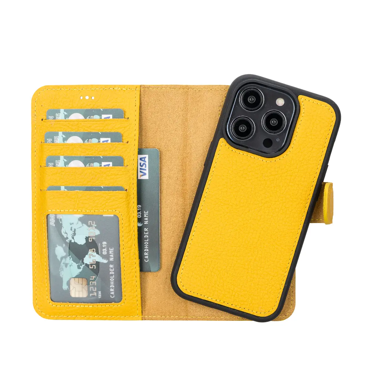 Premium Yellow Leather Wallet Case for iPhone 14 Pro - Slim Protective Cover with Card Slots | Perfect for Everyday Use, Travel & Business Meetings