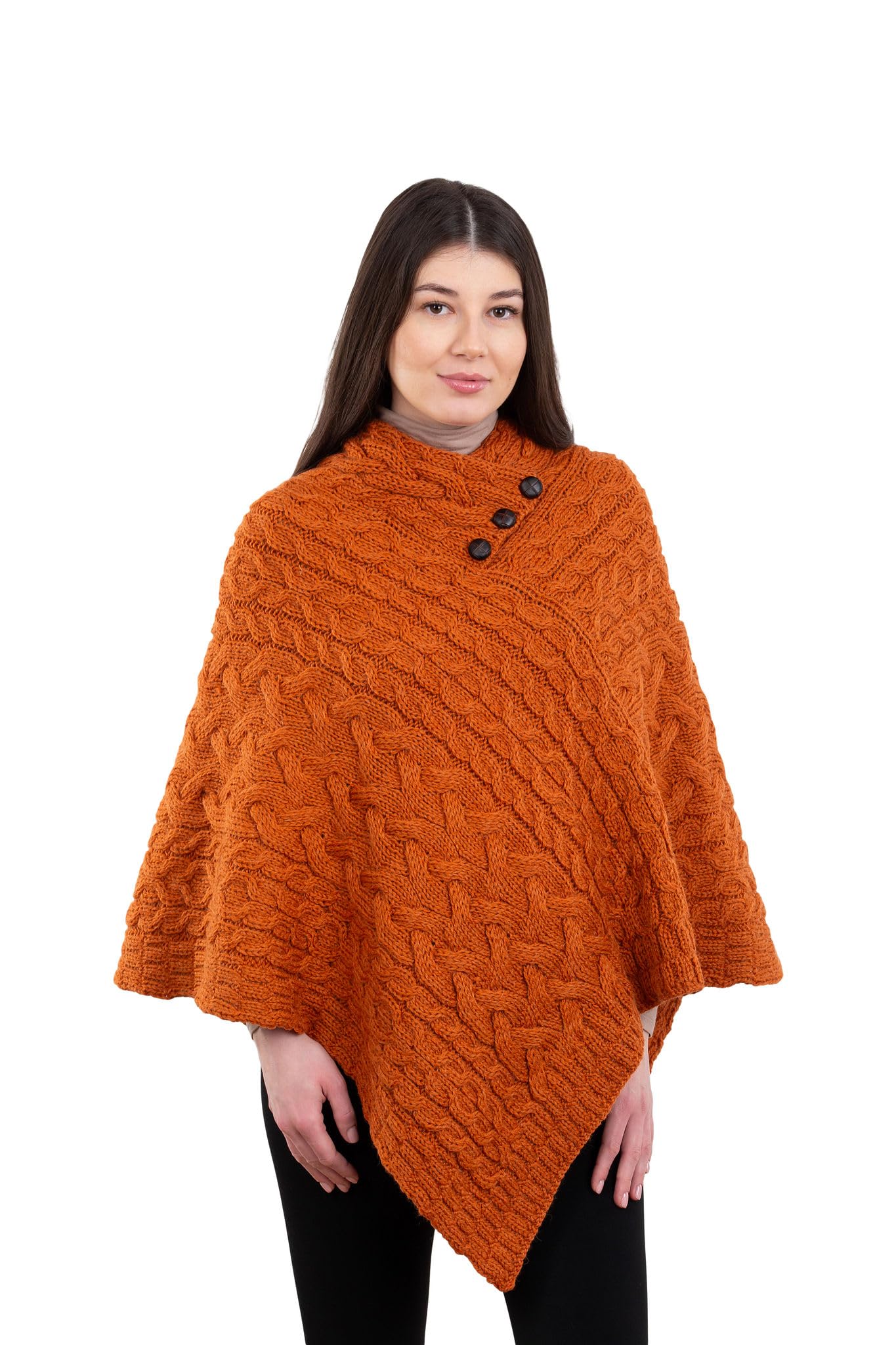 Women's Irish Aran Poncho - 100% Virgin Wool Cable Knit Wrap with Buttons | Warm Winter Cape Shawl for Women | Perfect for Fall, Winter & Holiday Outfits