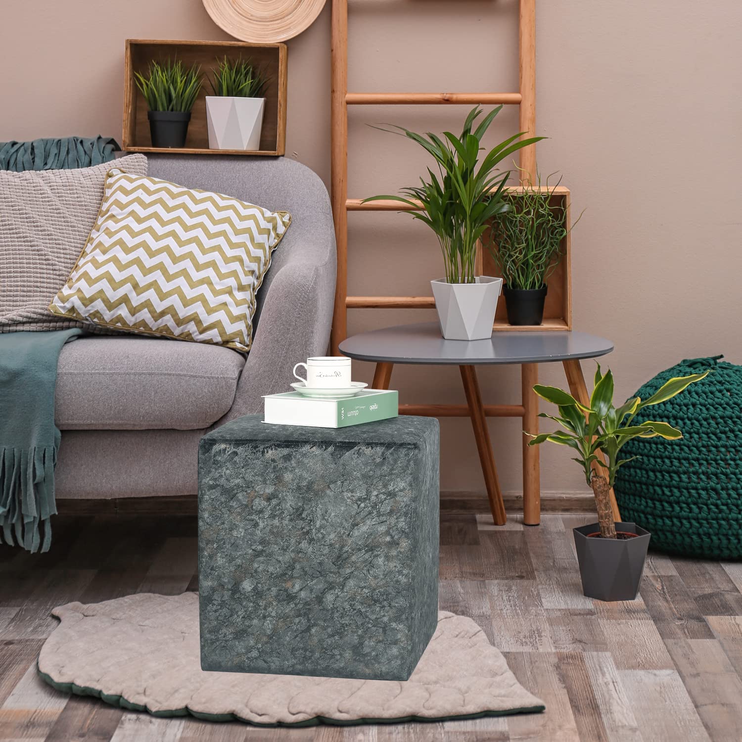 Joveco Square Ottoman Vanity Stool - Fabric Upholstered Footrest & Footstool with Non-Slip Pad - Modern Side Table Seating for Living Room, Bedroom & Home Office - Grey - Perfect for Lounging, Makeup Vanity & Extra Seating
