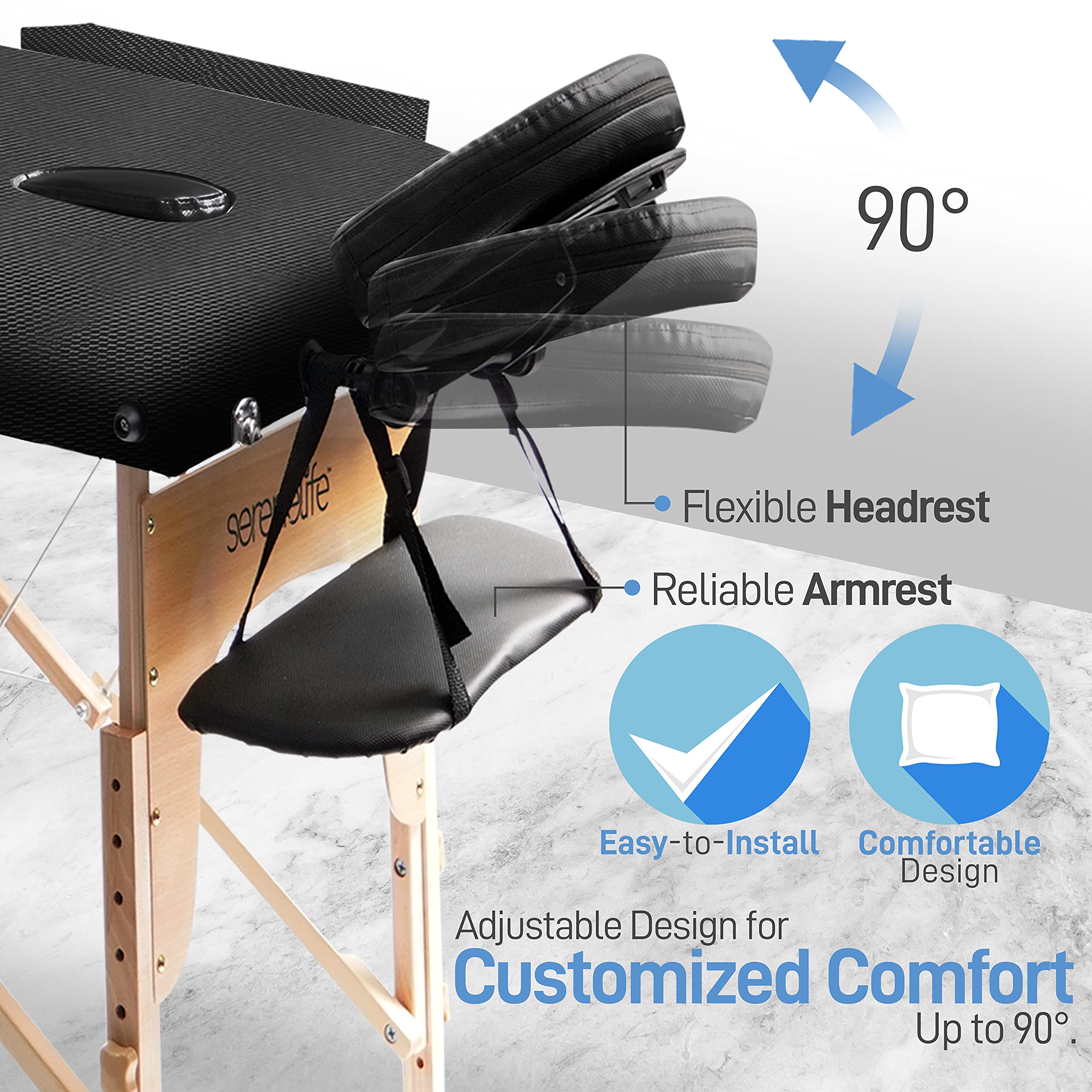 SereneLife Professional Portable Massage Table - Adjustable 3-Section Folding Therapy Bed with Carrying Case for Home Spa, Tattoo Parlor & Salon | Perfect for Massage Therapists, Estheticians & Tattoo Artists | Durable & Lightweight Black Design