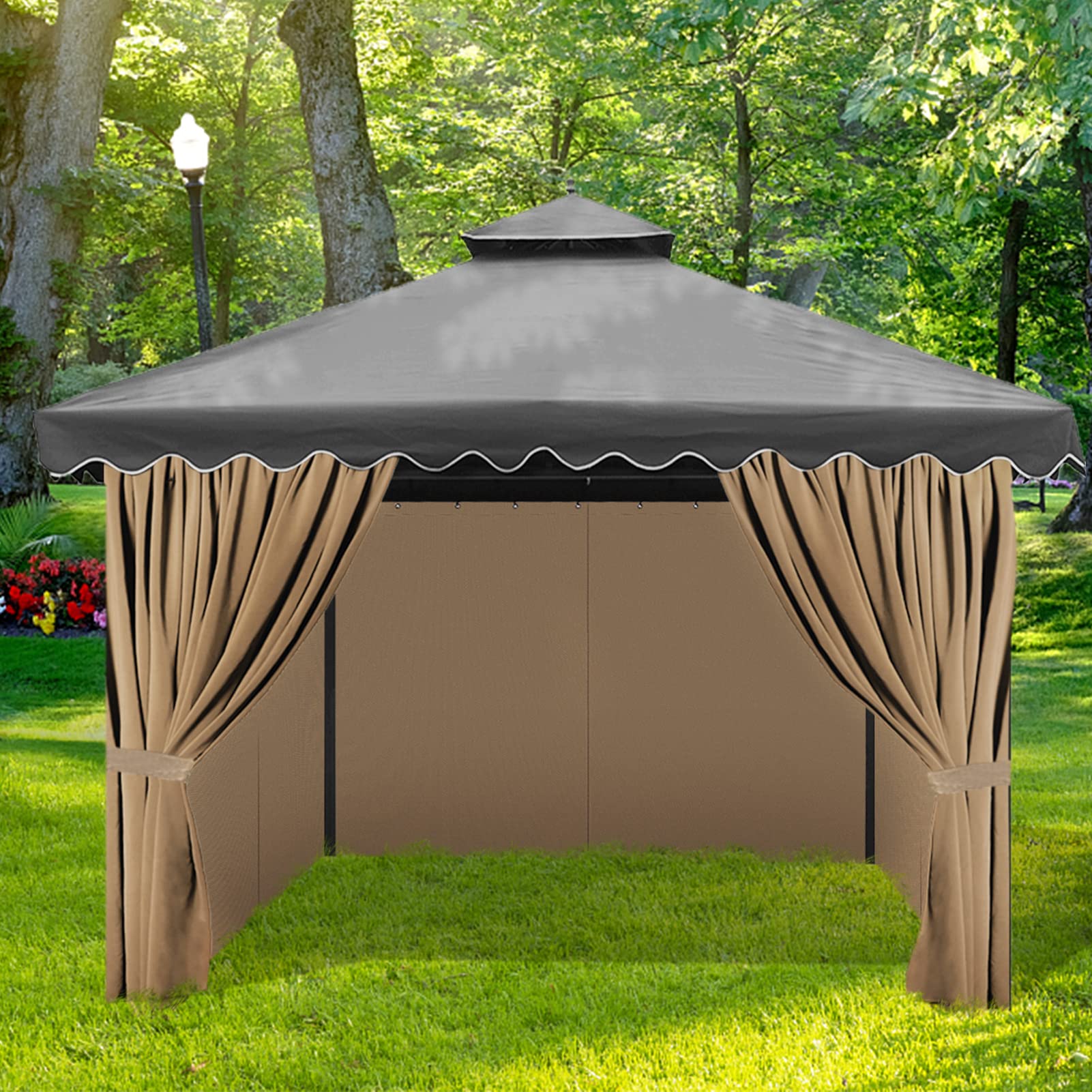 10'x12' Waterproof Gazebo Curtains - Khaki Universal Replacement Side Panels (4-Panel Set) with Zipper for Outdoor Patio, Garden & Backyard Use - Perfect for Sun Protection & Privacy