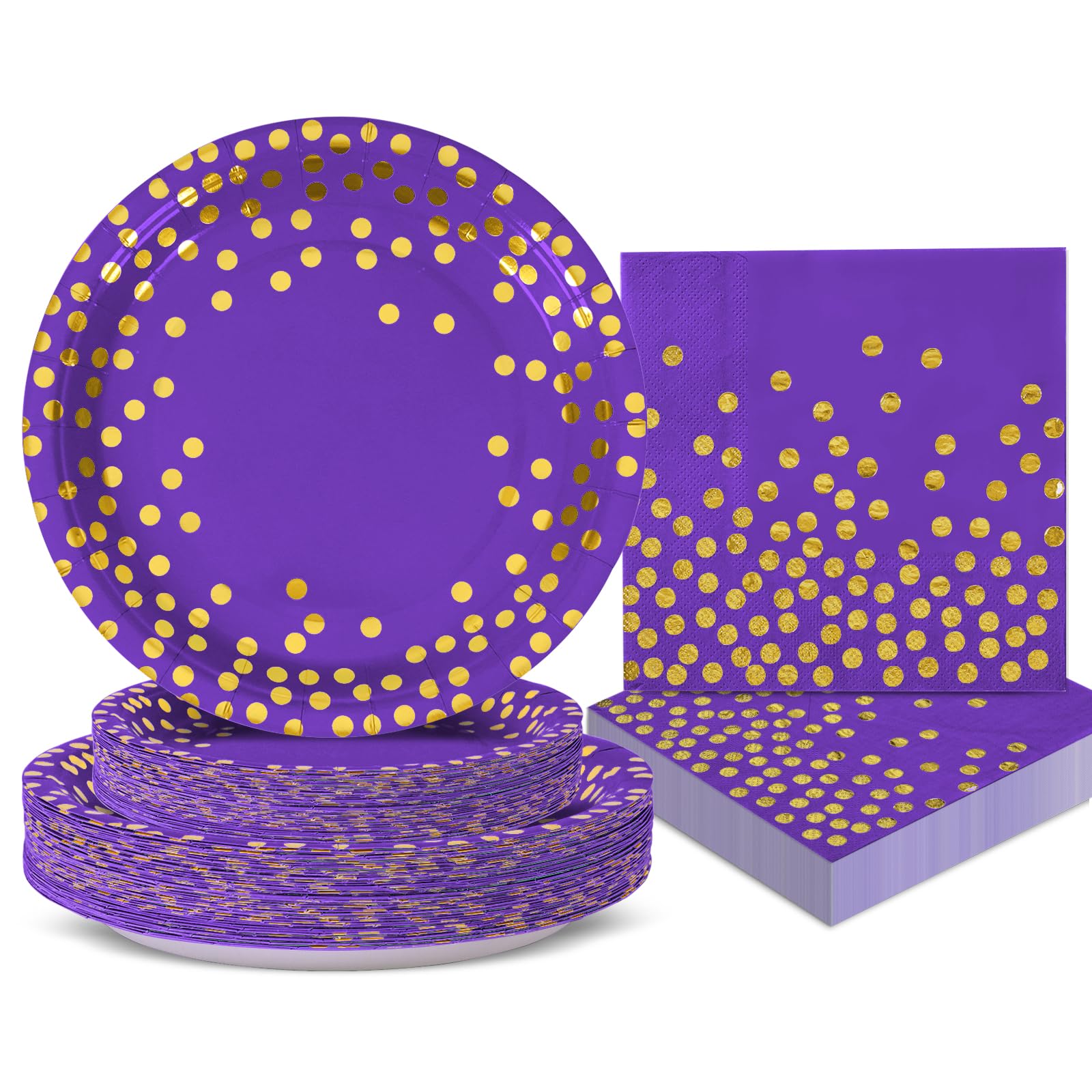 Premium Purple & Gold Disposable Party Plates and Napkins Set - 50 x 9
