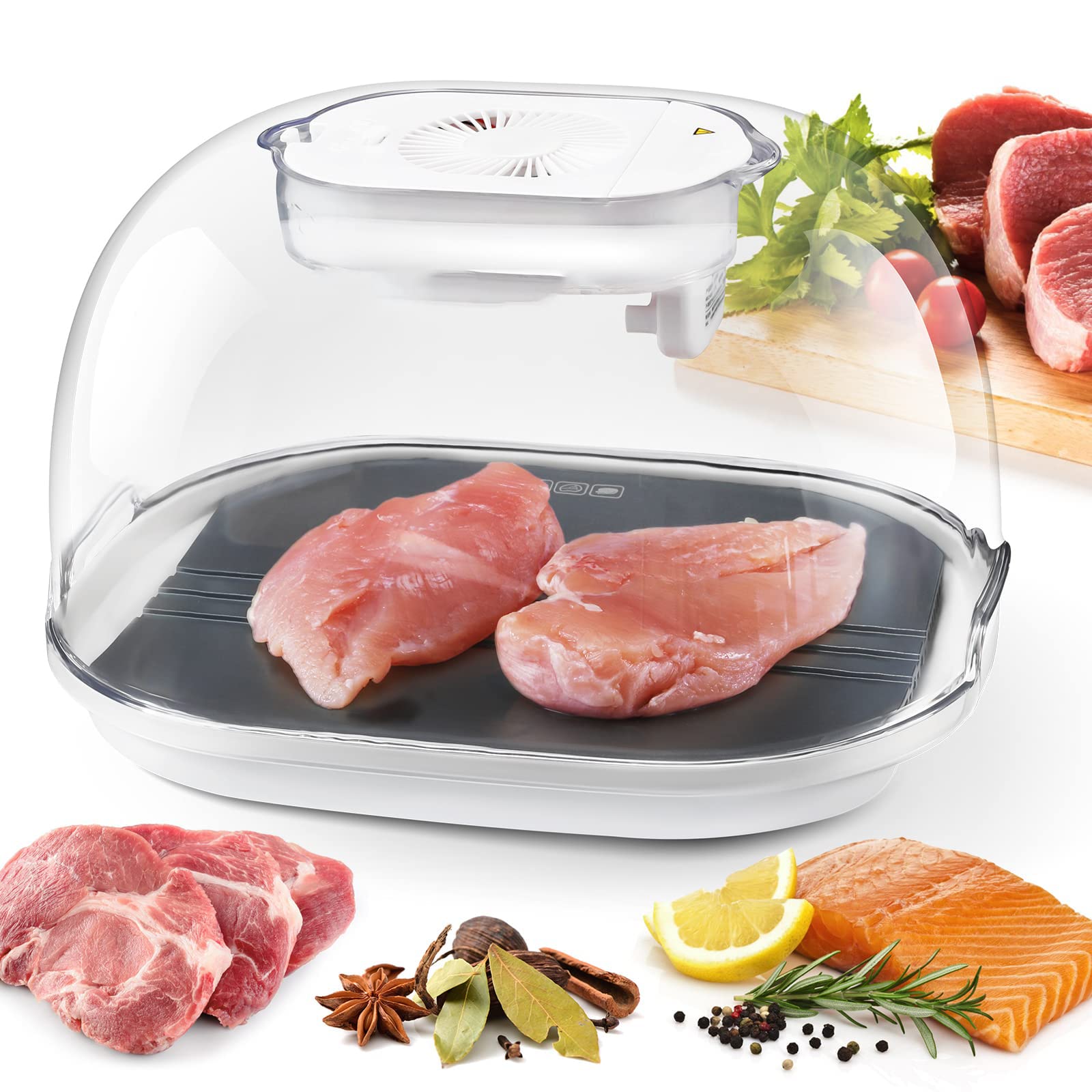 Fast Thawing Aluminum Defrosting Tray for Frozen Meat, Chicken, Fish & Steak - 360° Atomized Stereo Thawing Plate with Drain Tray | Perfect for Kitchen, BBQ, Camping & Meal Prep