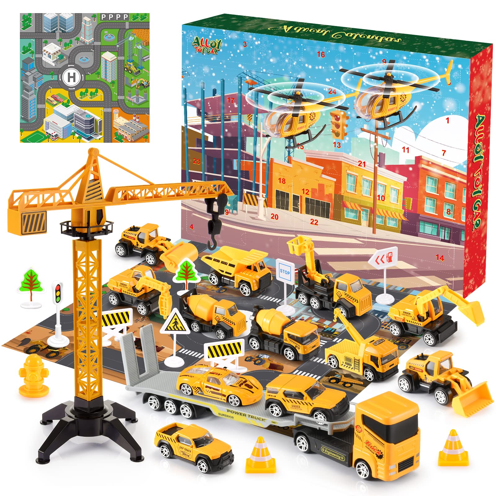 Alloy Construction Engineering Vehicle Toy Set with 2 Play Mats - Christmas Advent Calendar for Boys Ages 3-8 | Perfect Stocking Stuffer & Countdown Gift for Toddlers & Kids (Yellow) | Great for Holiday Playtime & STEM Learning Activities