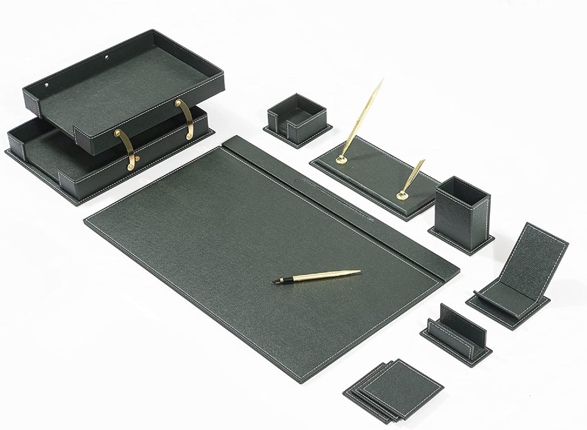 Premium Bonded Leather Desk Pad Set - Green Office Desk Organizer with Pen Holder & Accessories for Home & Office Workspace Organization
