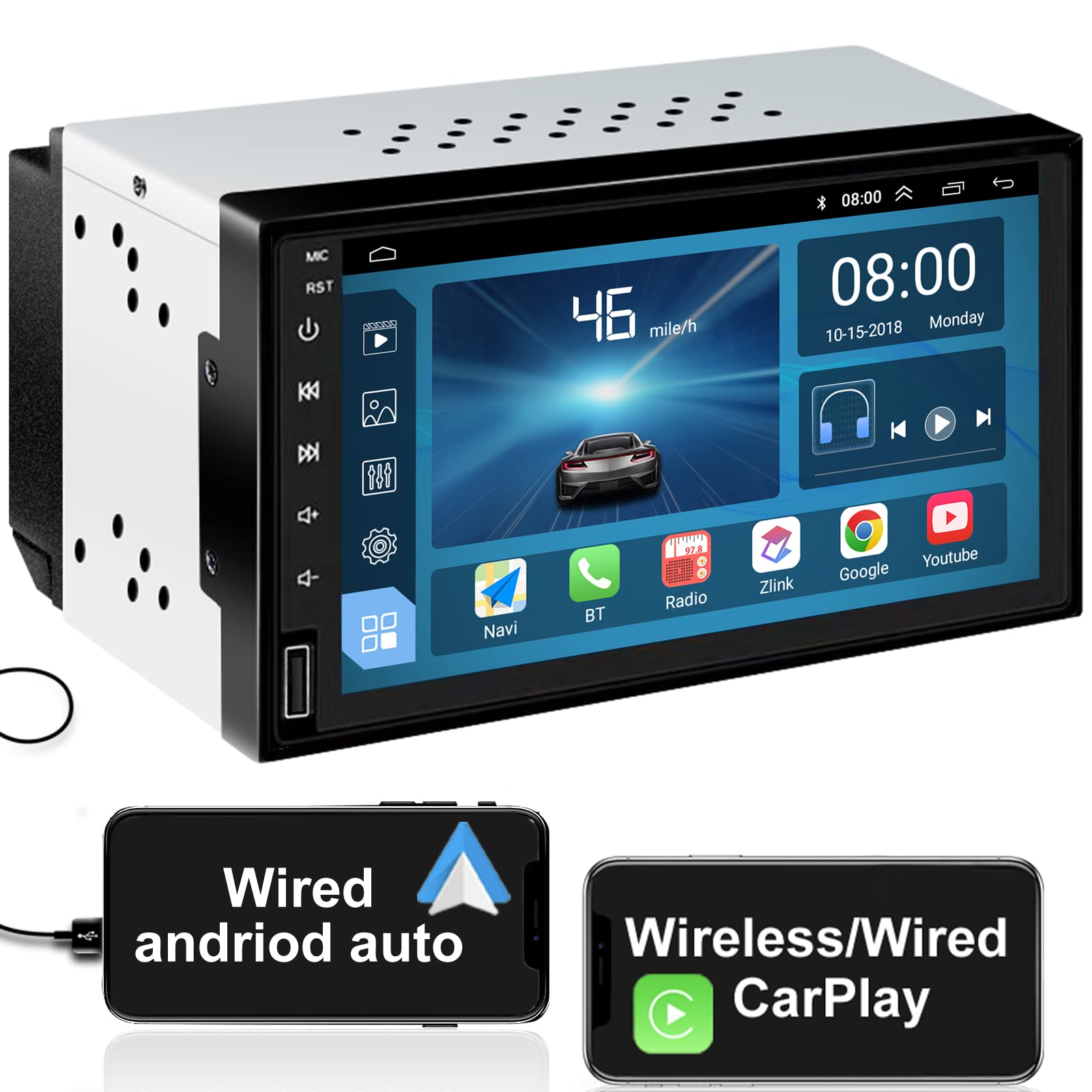 7 Inch Double Din Car Stereo with Wireless CarPlay & Android Auto | Android 10 In-Dash Head Unit | GPS Navigation, WiFi, Bluetooth | AM/FM Radio Receiver | Perfect for Road Trips & Daily Commutes
