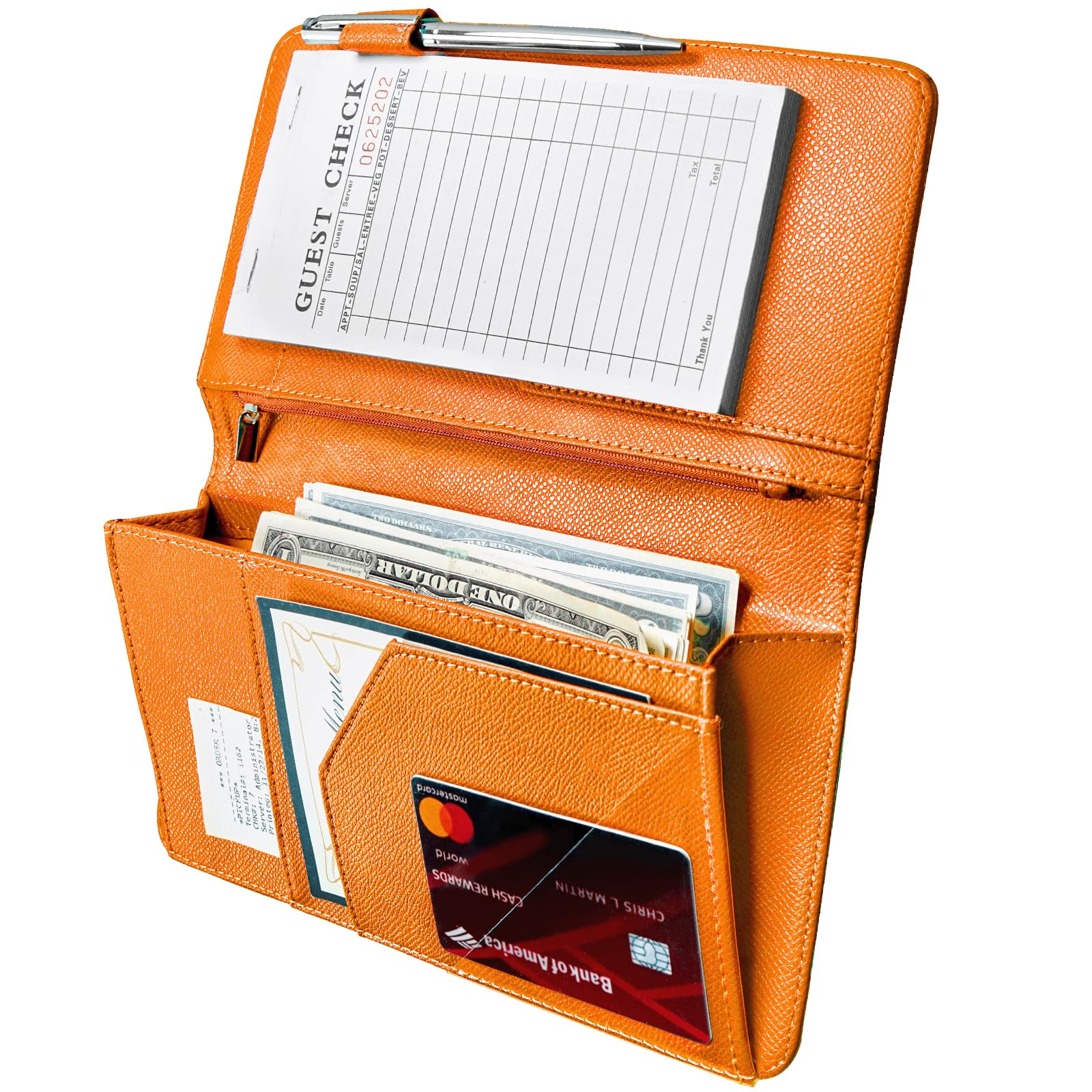**Mymazn Server Book with Zipper & Magnetic Pocket - Cute Waitress Check Booklet for Waiters & Waitresses - Guest Check Organizer with High-Capacity Pockets - Perfect for Restaurants, Cafes & Hospitality Staff (Orange)**    **Usage Scenarios:** Ideal for servers, bartenders, and hospitality professionals to efficiently manage orders, tips, and receipts in busy restaurants, bars, and cafes.