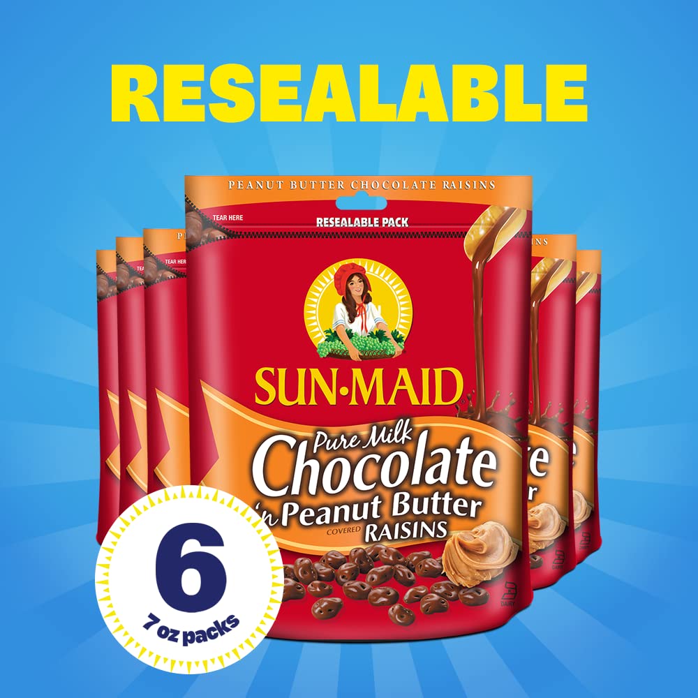 Sun-Maid Chocolate Covered Raisins Snacks - Pure Milk Chocolate & Peanut Butter Raisins, 7oz (6-Pack) | Healthy On-the-Go Snack for Work, School & Travel