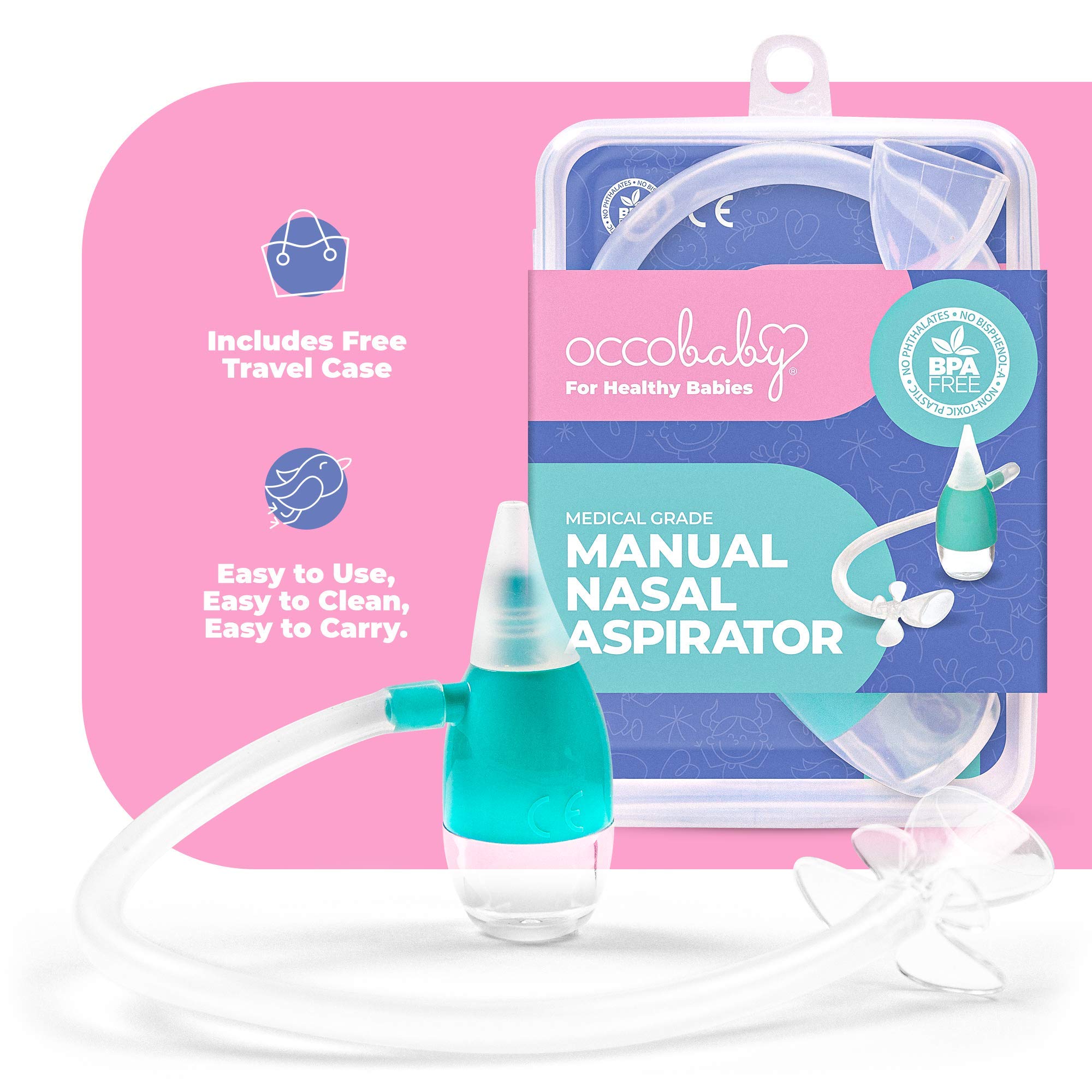 OCCObaby Manual Baby Nasal Aspirator - Safe Nose Sucker for Newborns & Toddlers - Gentle Baby Congestion Relief - Handheld Nasal Aspirator for Infants with Runny Nose - Perfect for Home, Travel & Nursery Care