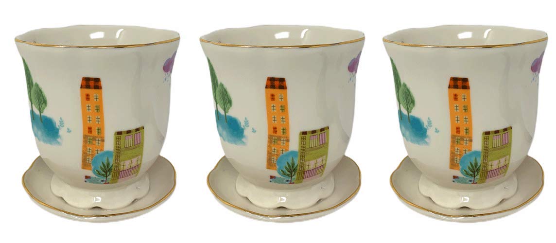 Premium Porcelain Planter Set with Gold Accents - 3-Piece Herb Garden Planters with Drainage Saucers - Elegant Home Decor for Indoor Plants, Succulents, and Kitchen Herb Gardens | Perfect for Windowsills, Countertops, and Gift Giving